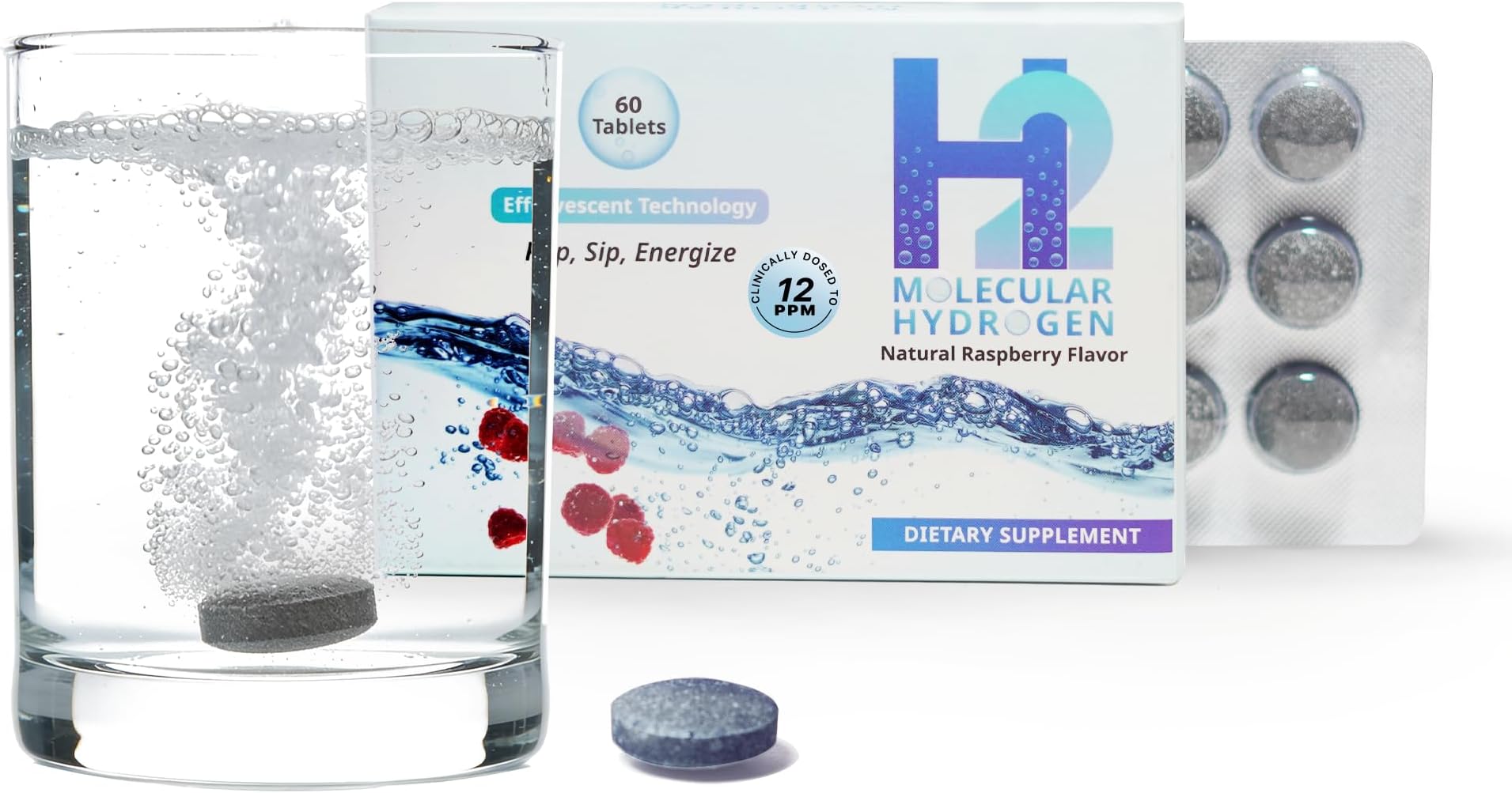 H2 Molecular Hydrogen Water Tablets with Magnesium – 12 PPM Effervescent Hydrogen Tablets for Drinking Water, Supports Hydration, Energy & Metabolism, Raspberry Flavor, 60 Tablets