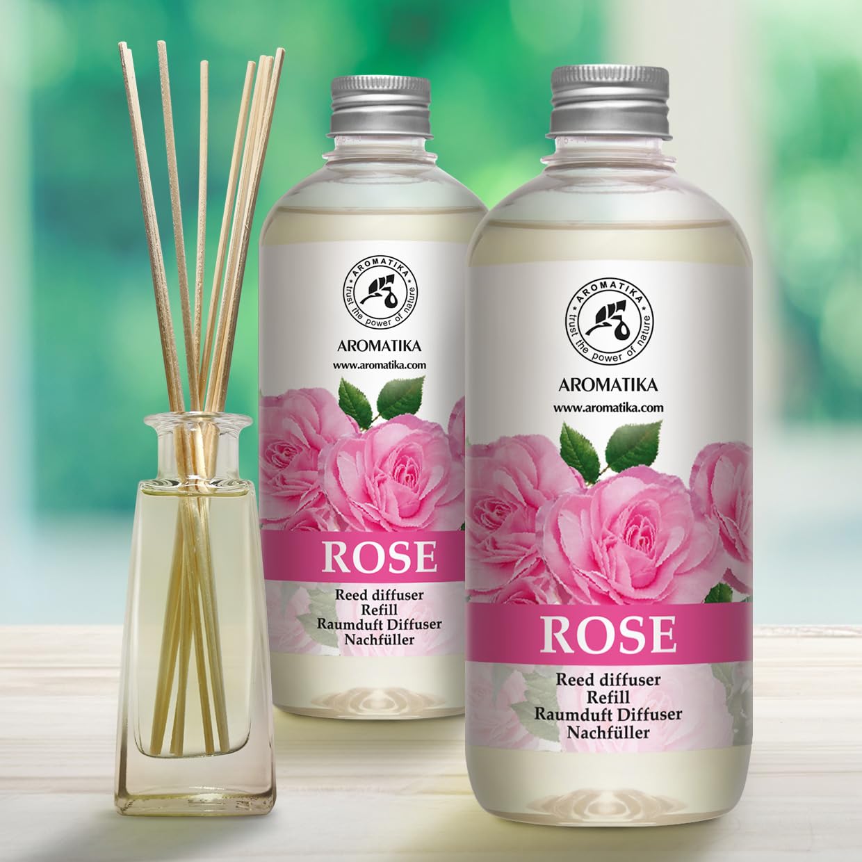 Recambio para Difusor de Varillas Aroma Rosa – 2 x 500 ml – Fragancia Ambiental para Hogar, Oficina, Salón y Baño – Líquido para Difusores