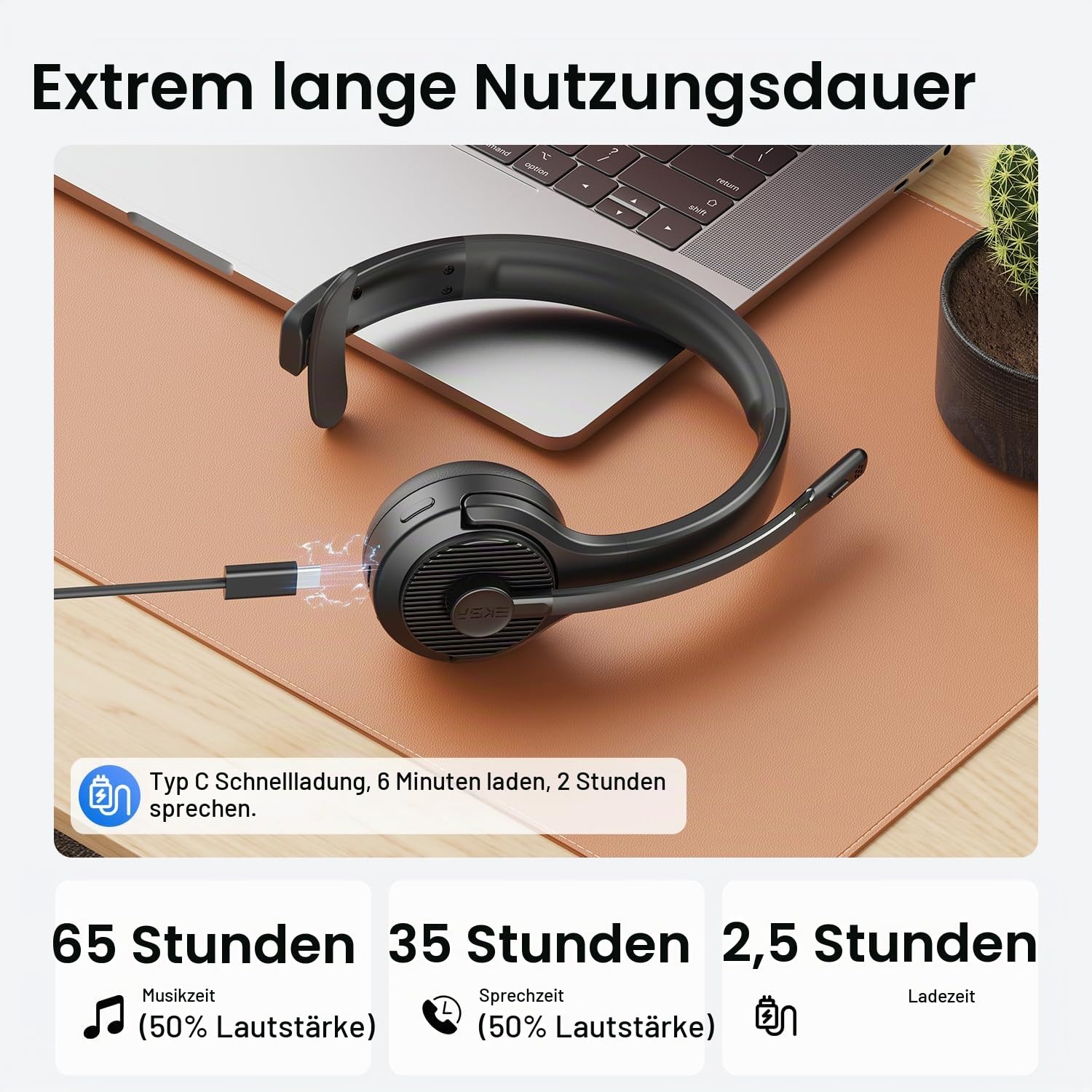 EKSA H3 Bluetooth Headset mit Mikrofon, [65 Stdn Wiedergabezeit & 30M Reichweite] Wireless Headset Mono PC Headset mit Mic Rauschunterdrückung, Upgraded 5.4 Bluetooth Kabellose Headset für Büro/Office