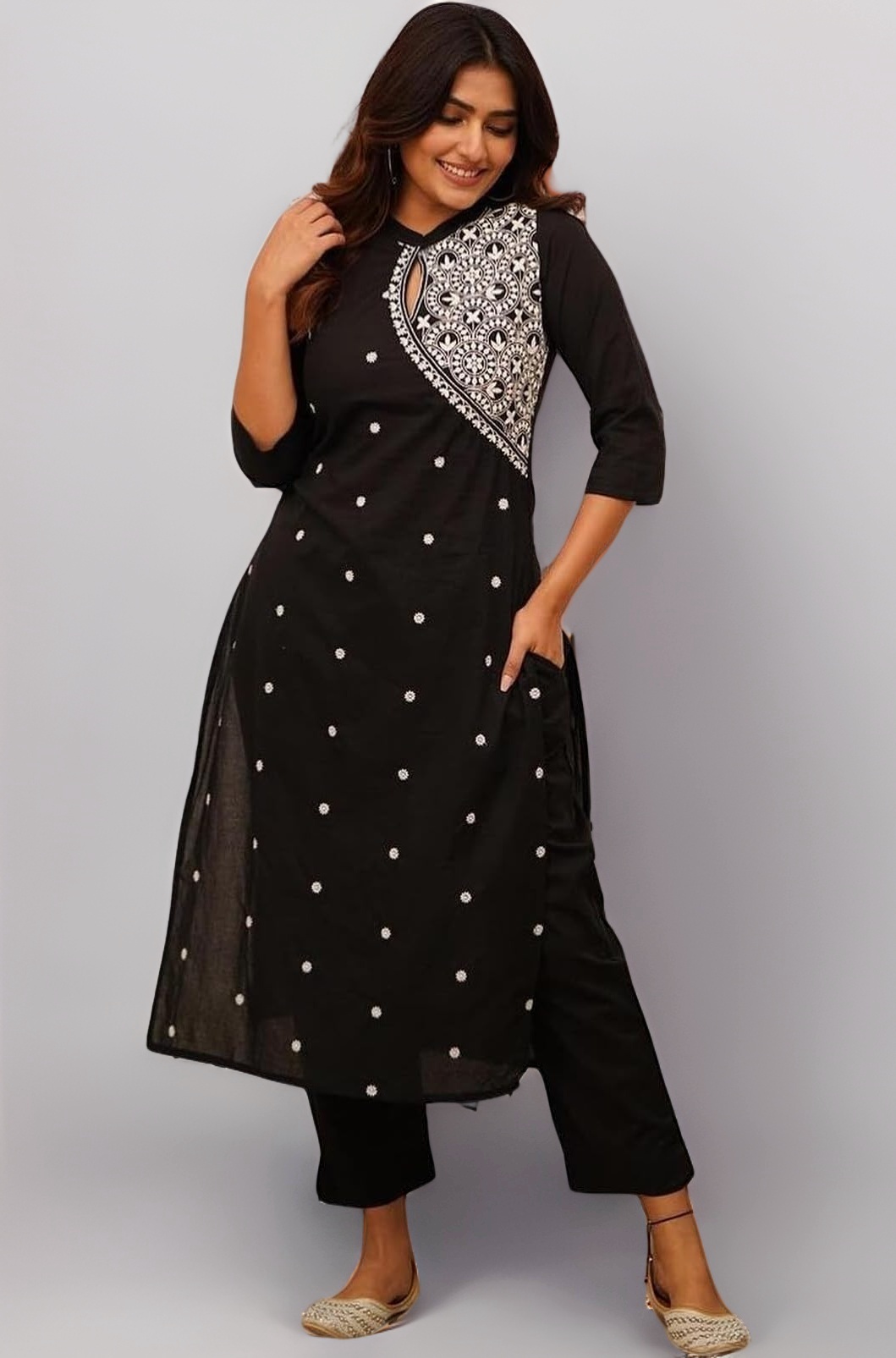 FABNEX Cotton Blend Embroidered Regular Women Kurta Set