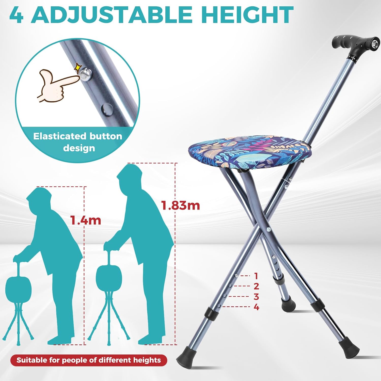 ENLUNTRA Portable Adjustable Folding Walking Cane with Seat and Cushion，Cane seat for Seniors with Magnetic Massage Handle, Lightweight Walking Cane with LED Light，Supports up to 330 Pounds