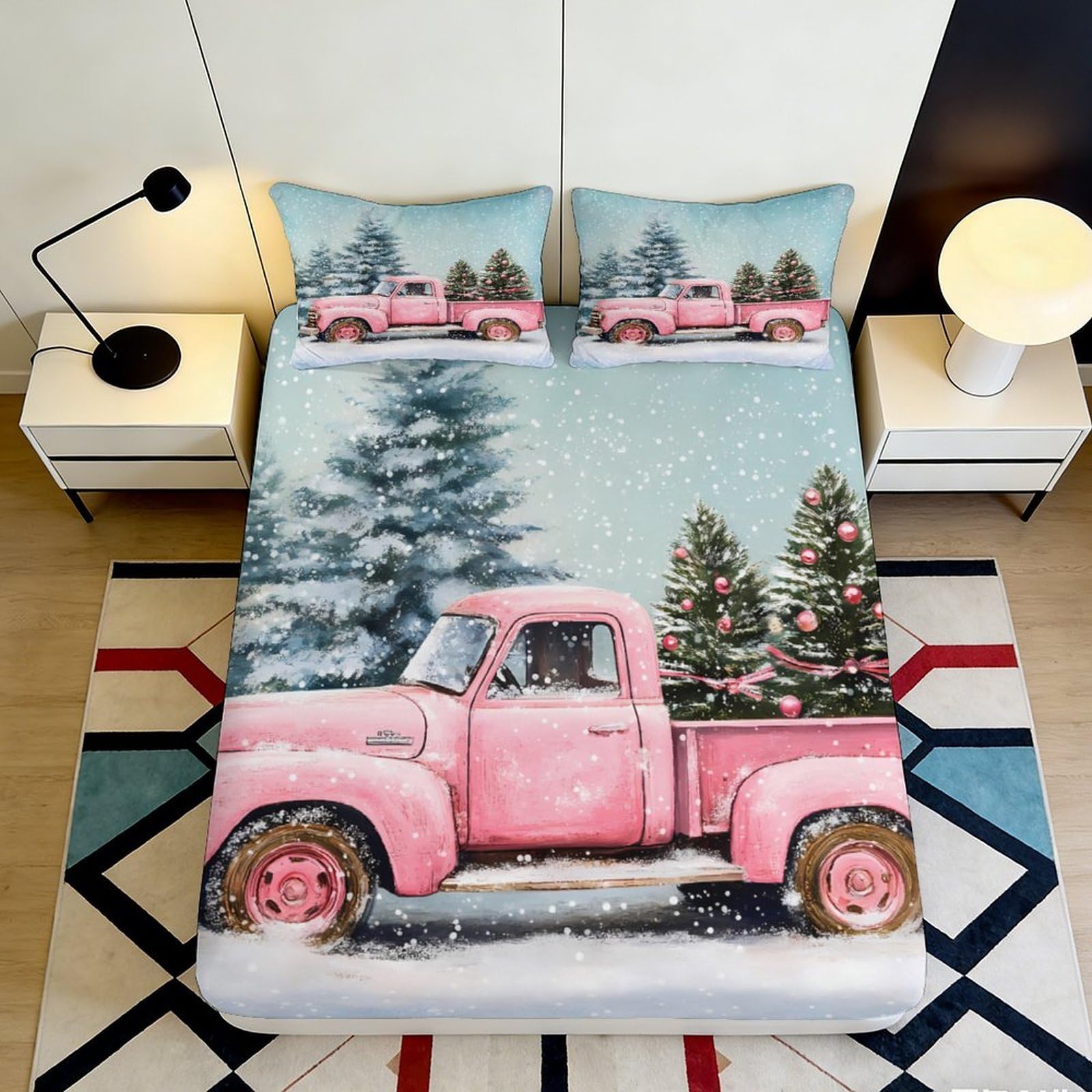 3D Printed Vintage Red Truck Fitted Sheet Microfiber Christmas Pine Tree Bed Cover Anti-Slip Machine Washable Decor 90x200x25cm