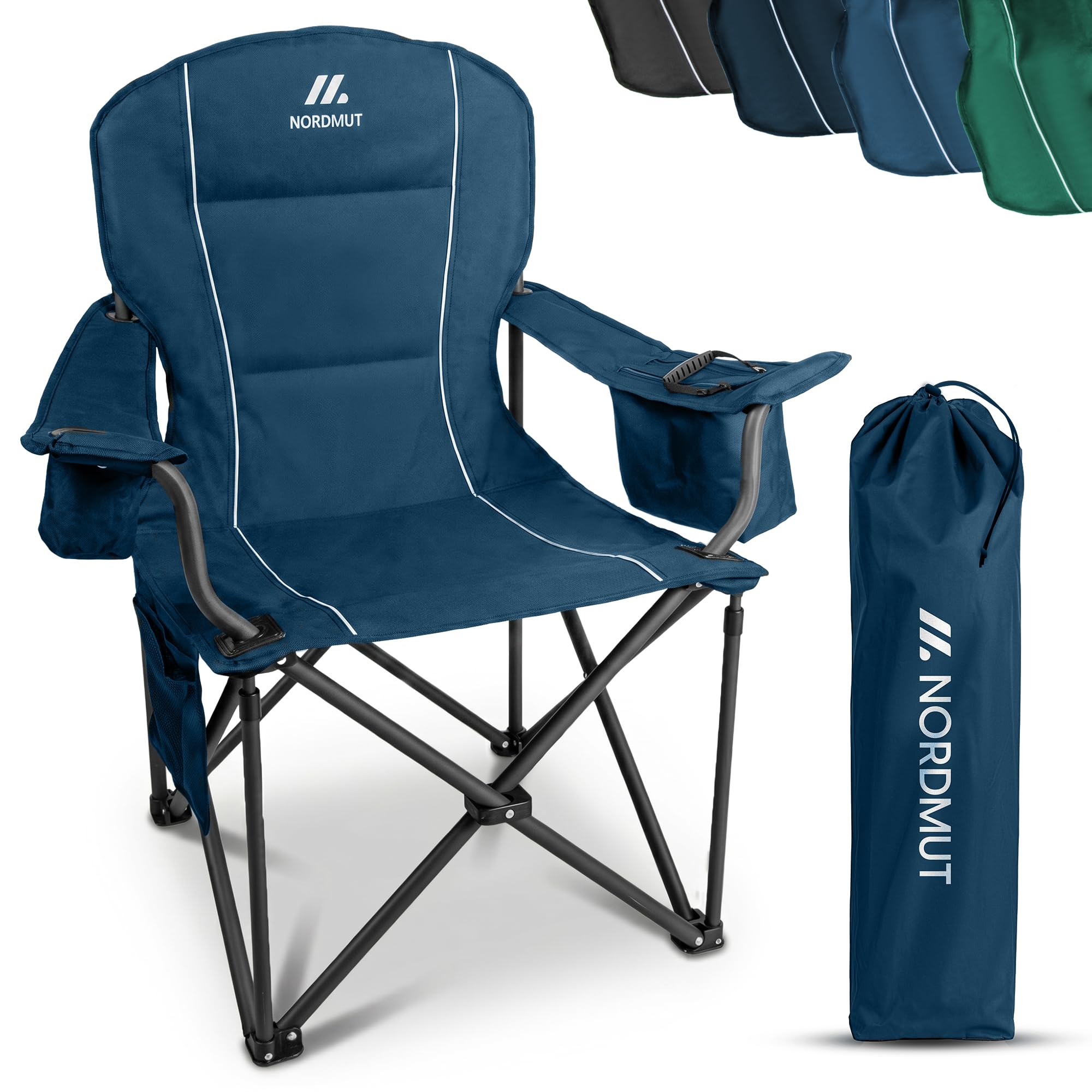 NORDMUT® Silla de Camping Plegable Ligera – Resistente con Capacidad de 200 kg – Cómoda Silla de Pesca con Bolsa térmica práctica y portavasos (Azul 1x)