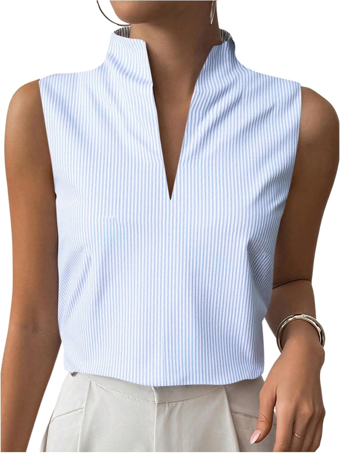 SOLY HUX Women Work Outfits V Neck Sleeveless Blouses Summer Casual Tank Tops Business Office Dressy Striped Shirts