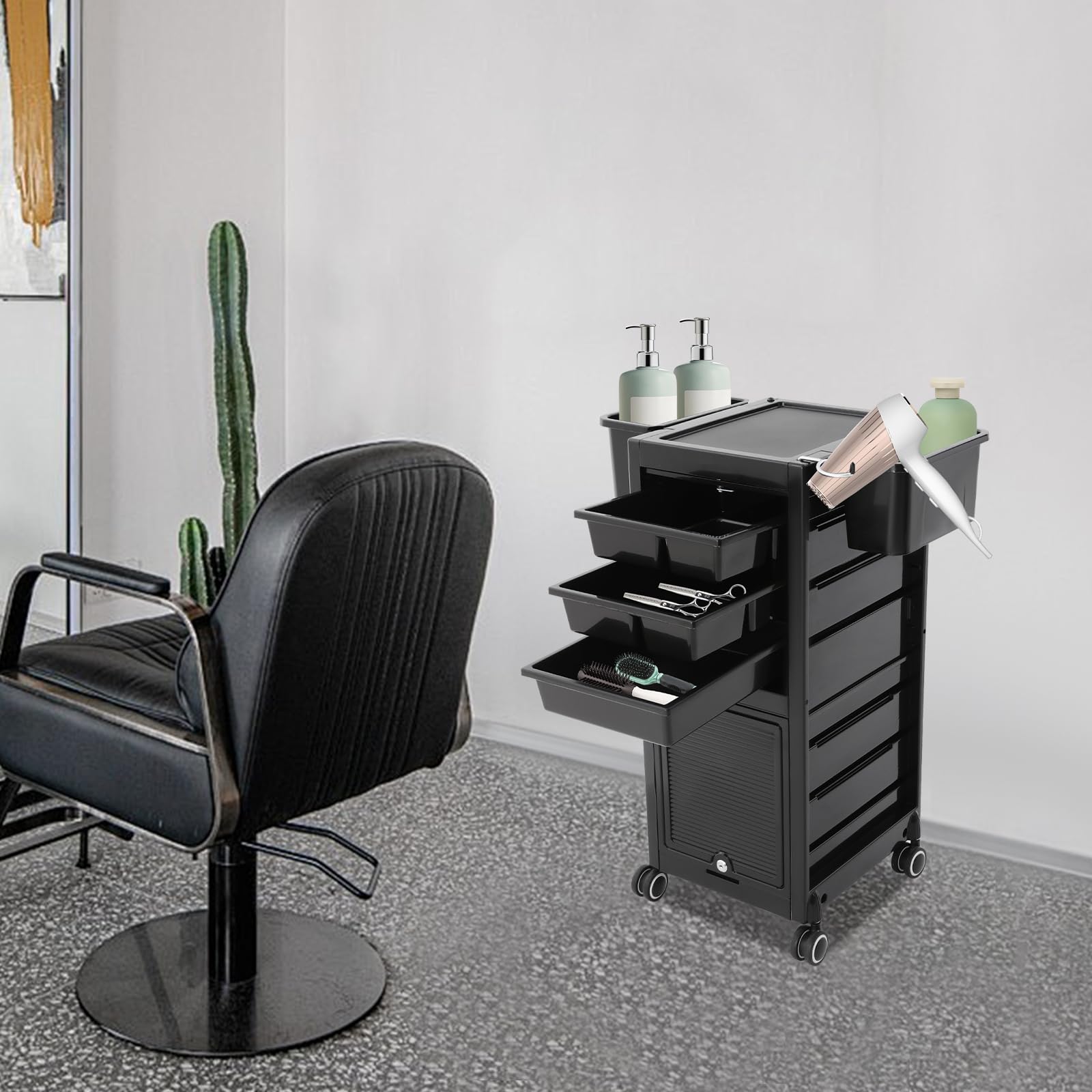 Friseurwagen Rollwagen mit 6 Schubladen & 2 Seitenkörbe, abschließbare Friseur Wagen für Salon und Friseur Aufbewahrungseinheit auf Rädern, 39 * 35 * 84cm