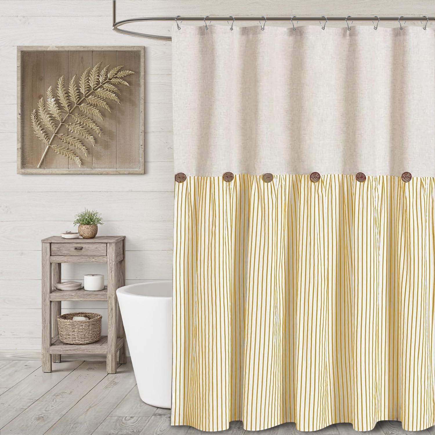 farmhouse shower curtain linen button woven fabric country rustic western, pleated yellow stripe 72" w x 72" l button-yellow stripe 72"w x 72"l