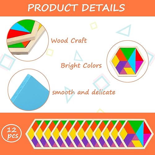 Miniatura 3 de Meooeck Paquete de 12 rompecabezas de madera Tangrams con forma de F, bloques de lógica cerebral para juegos, regalos educativos para adultos