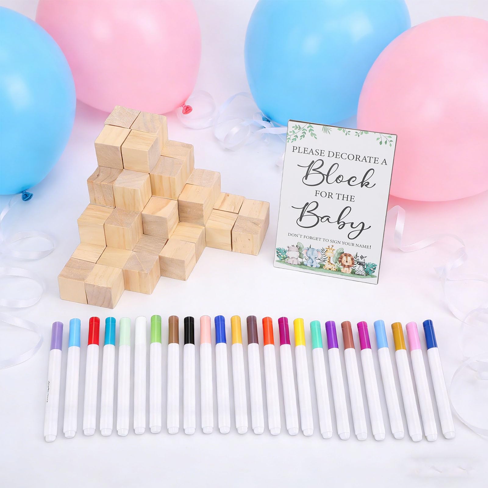 Tissting Kit Giochi per Baby Shower 75 Pezzi - Blocchi in Legno da Decorare con 24 Pennarelli Acrilici per Feste di Rivelazione del Sesso, 3.5x3.5x3.5cm (1.38x1.38x1.38in) ciascuno