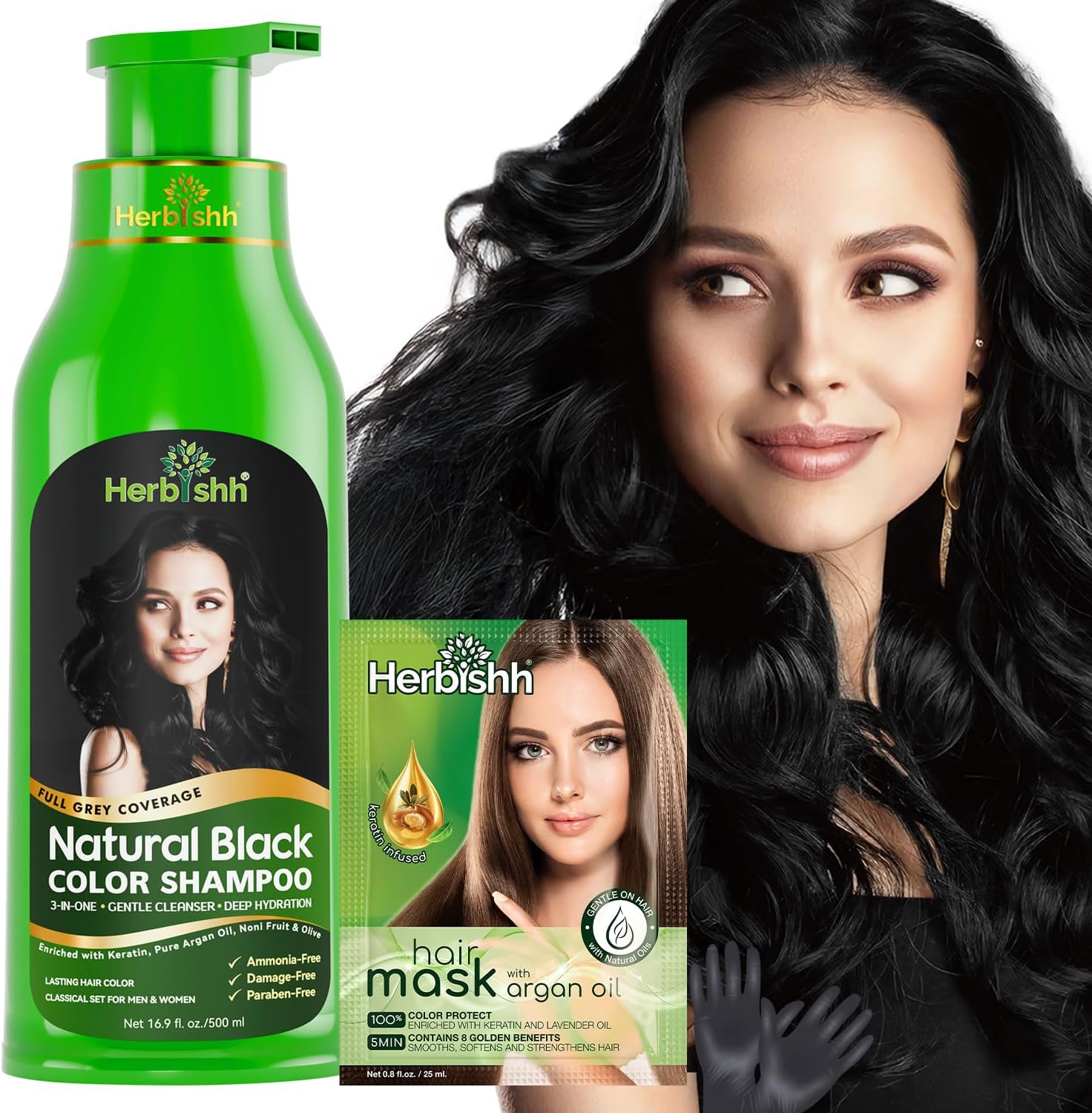 Herbishh Hair Colour Shampoo for Grey Hair, Black, 500 ml, Ammonia-Free 3-in-1 Hair Dye Shampoo, Colours Hair in Minutes, Long-Lasting Colour