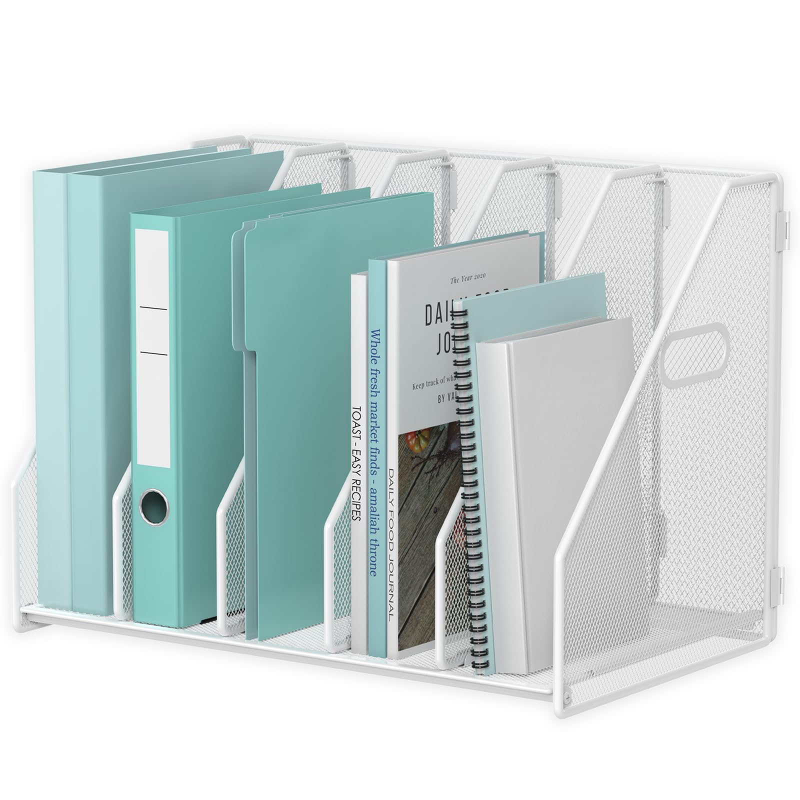 MINDEPOT Organizer da scrivania in metallo, con 5 scomparti verticali, per ufficio, casa, scuola (bianco)