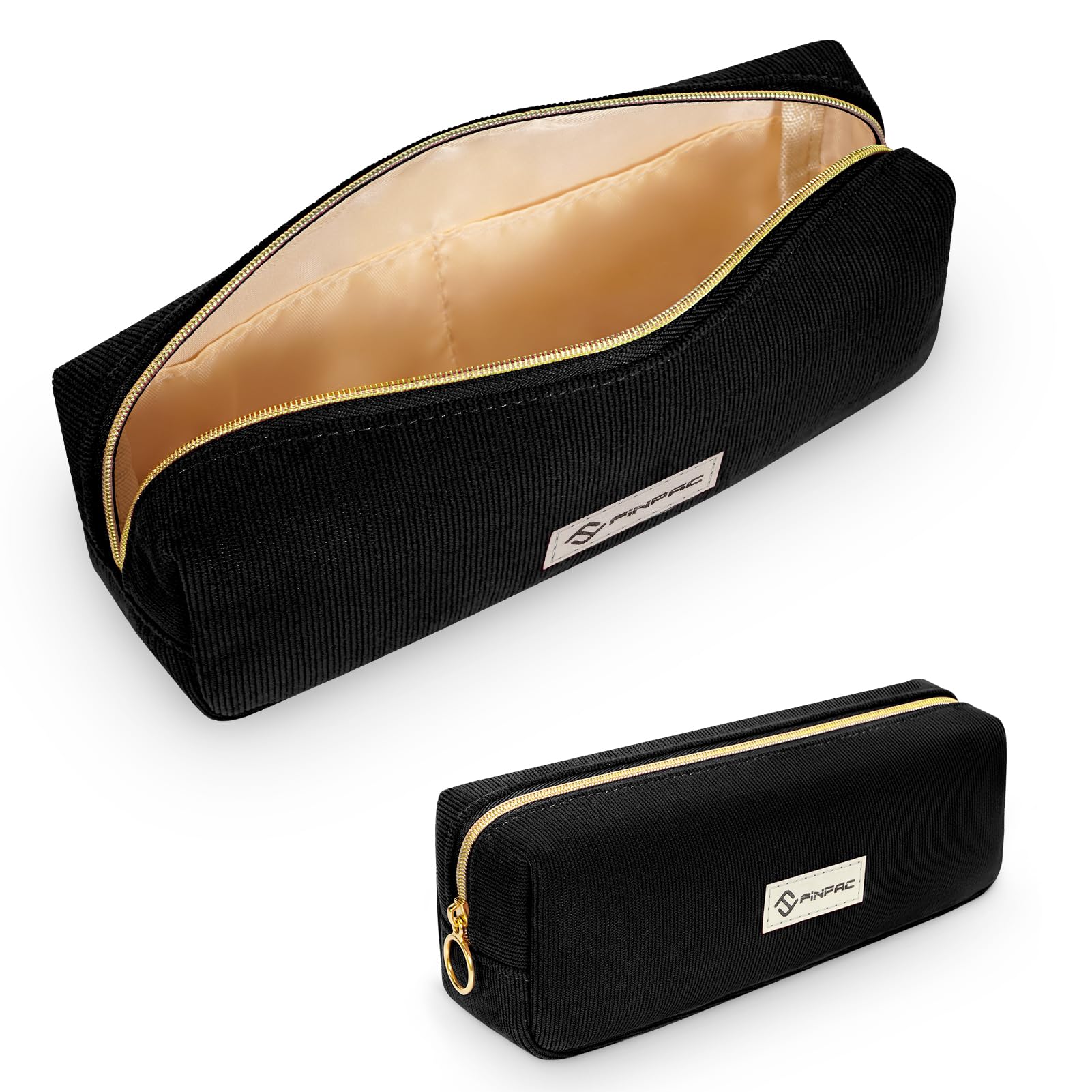 FINPAC Pencil Case, Large Capacity School Pencil Case Office Stationery Organizer, Corduroy Fabric Wide Opening Pencil Pouch for Boys & Girls, (Black)