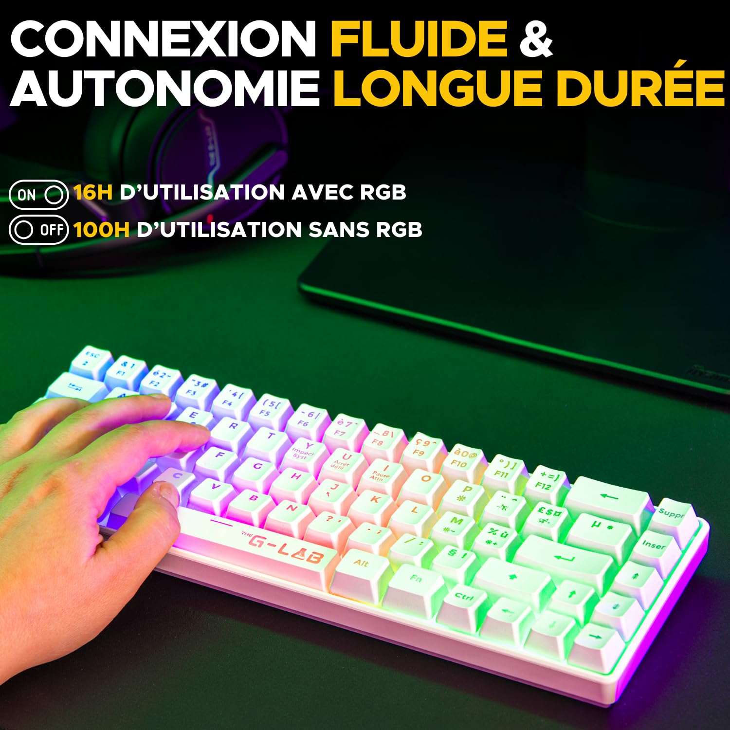 The G-Lab - Keyz Hydrogen WL- Clavier Gamer sans Fil, Clavier 60% Semi-mécanique, Azerty, RGB Multicolore - sans Fil Silencieux, Format Compact TKL - PC/PS4/PS5- New (Blanc)