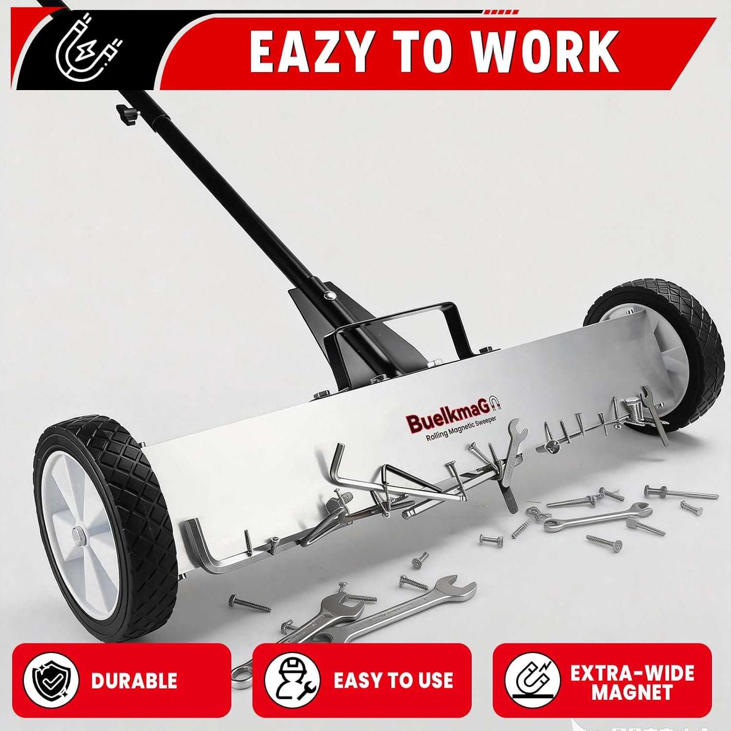 36 Inch Rolling Magnetic Sweeper with Wheels 55Lbs Nail Magnetic Sweeper Heavy-Duty Magnet Pickup Sweeper with Long Adjustable Handle for Garage and Yard