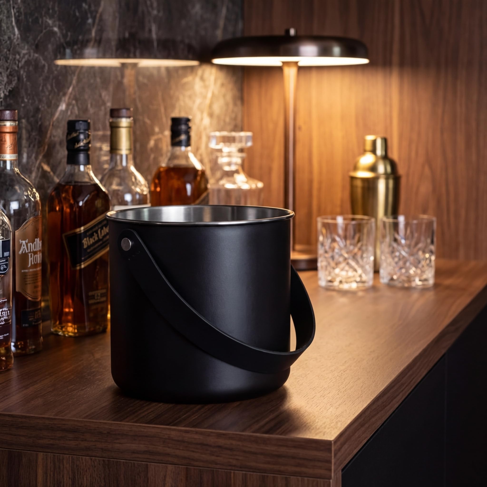 Suinga Cubitera inoxidable moon black 1,5 L con asas de cuero | Cubitera acero inox elegante 1,5 litros para enfriar bebidas