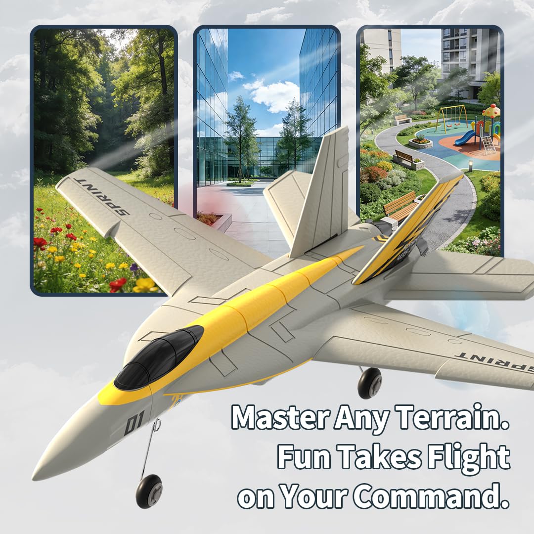 NULA Aereo radiocomandato per parco giardino, 2 canali, aereo hobby radiocomandato con girostabilizzazione a 6 assi, motori Dual Coreless, luce LED per adulti (giallo/4 batterie)