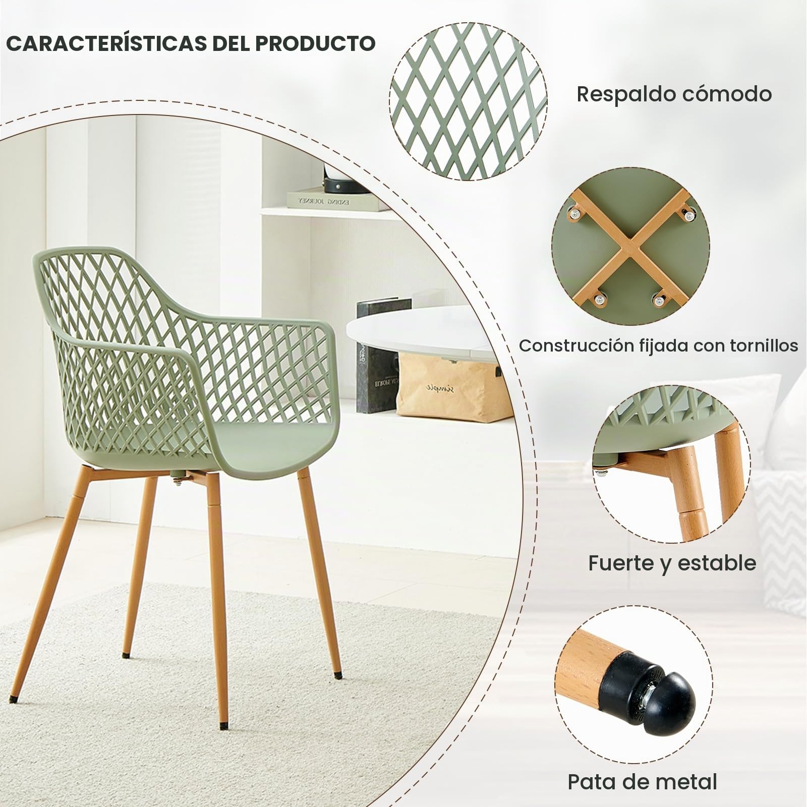 buybyroom Set de 6 sillas de jardín para exteriores, de plástico, para balcón con patas de metal, capacidad de carga 120 kg, color: gris/verde