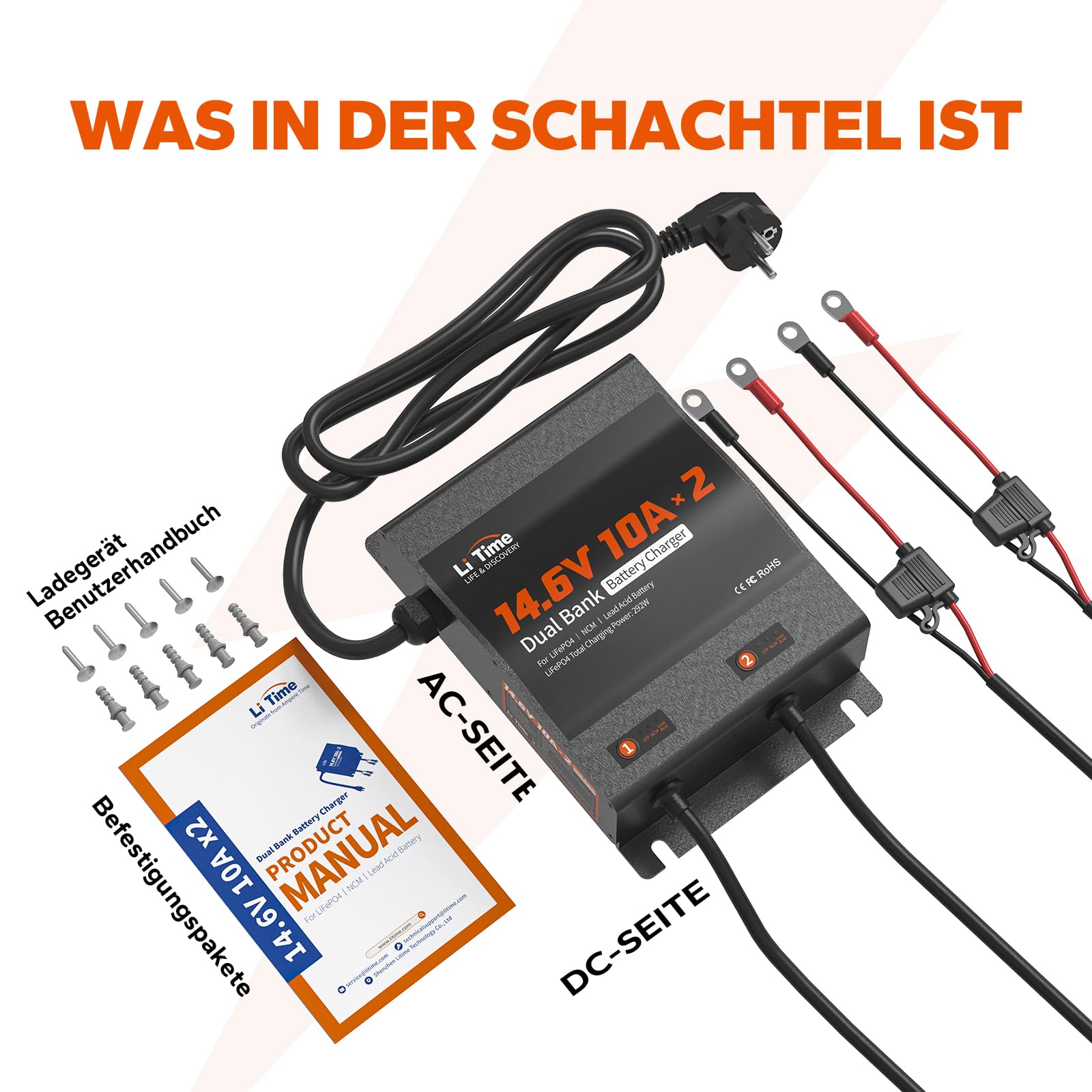 LiTime 2-Pack 10A (10A/Pack) Podwójna Inteligentna ładowarka Akumulatorów, 14,6V ładowarka AC-DC z Bezpiecznikiem, do Kamperów łodzi Motocykli Kosiarek i Akumulatorów Kwasowo-ołowiowych