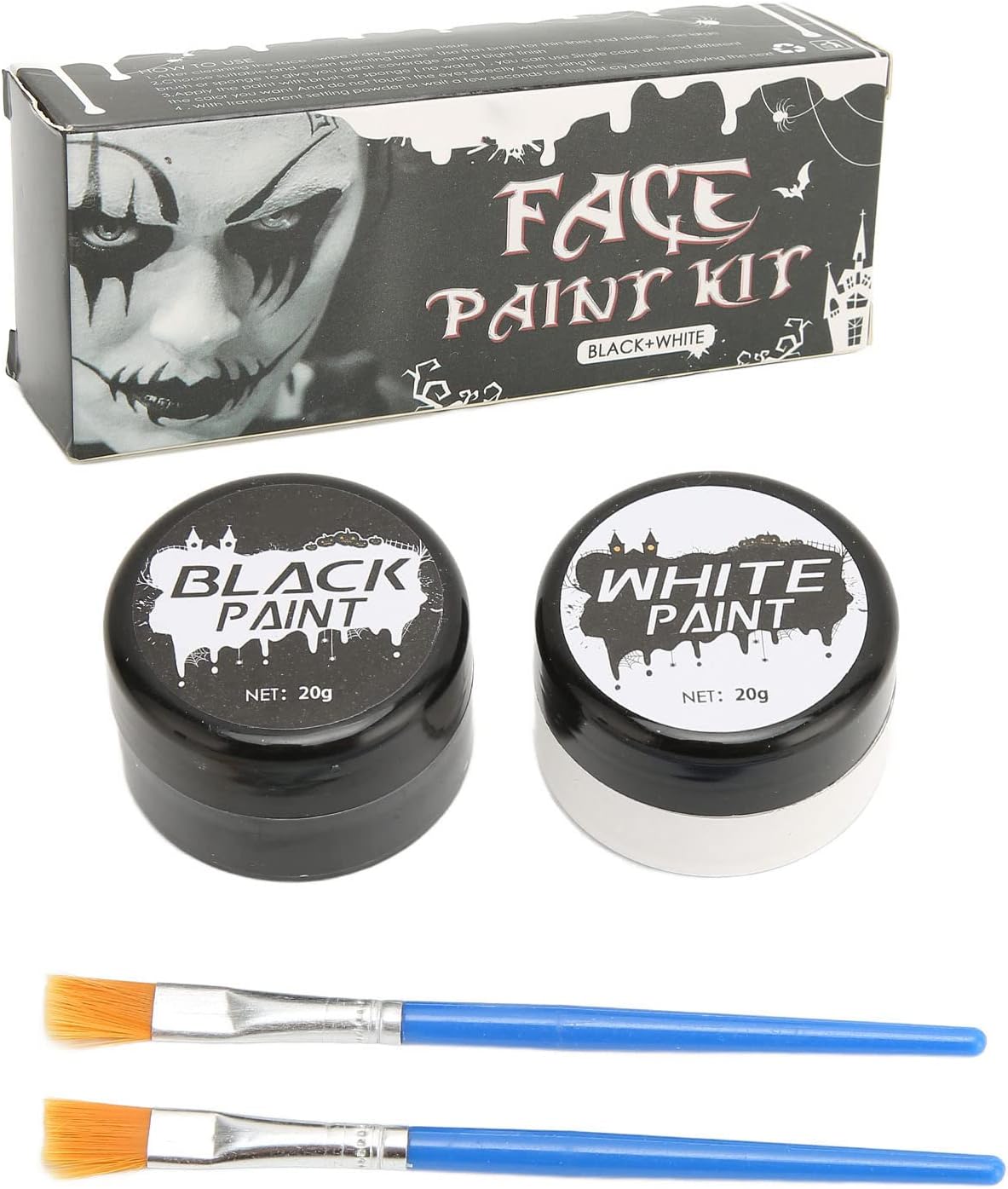Black White Face Body Paint Kit, Face Painting Kit For Adults, Clown Skull Skeleton Facial Painting Kit With 2PCS Artist Brushes For Cosplay Halloween