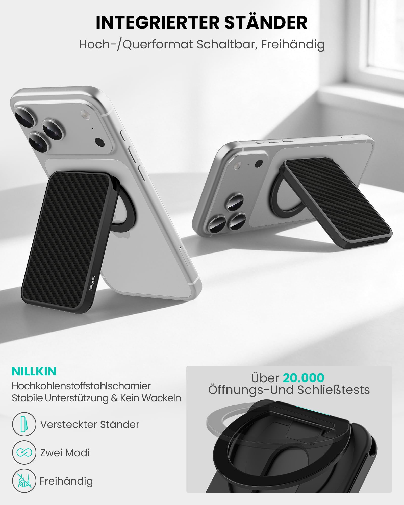 Nillkin Handy Kartenhalter für MagSafe Wallet - Ultra Leichter Kohlefaser Verstellbar Ständer, Karten Halter mit 3 Kartenfächer, Magnetischer Wallet Halter für iPhone 17