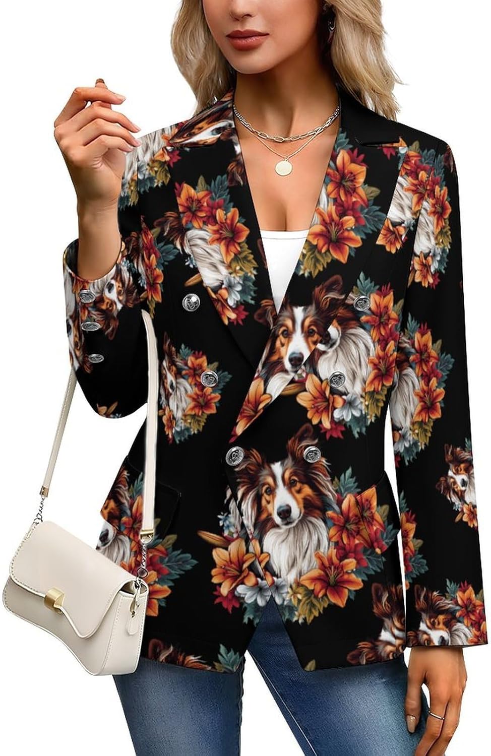 Floral Sheepdog Dog Flower Women's Blazer Long Sleeve Suits Business Casual Blazers Jackets Lapel Open Front Suit