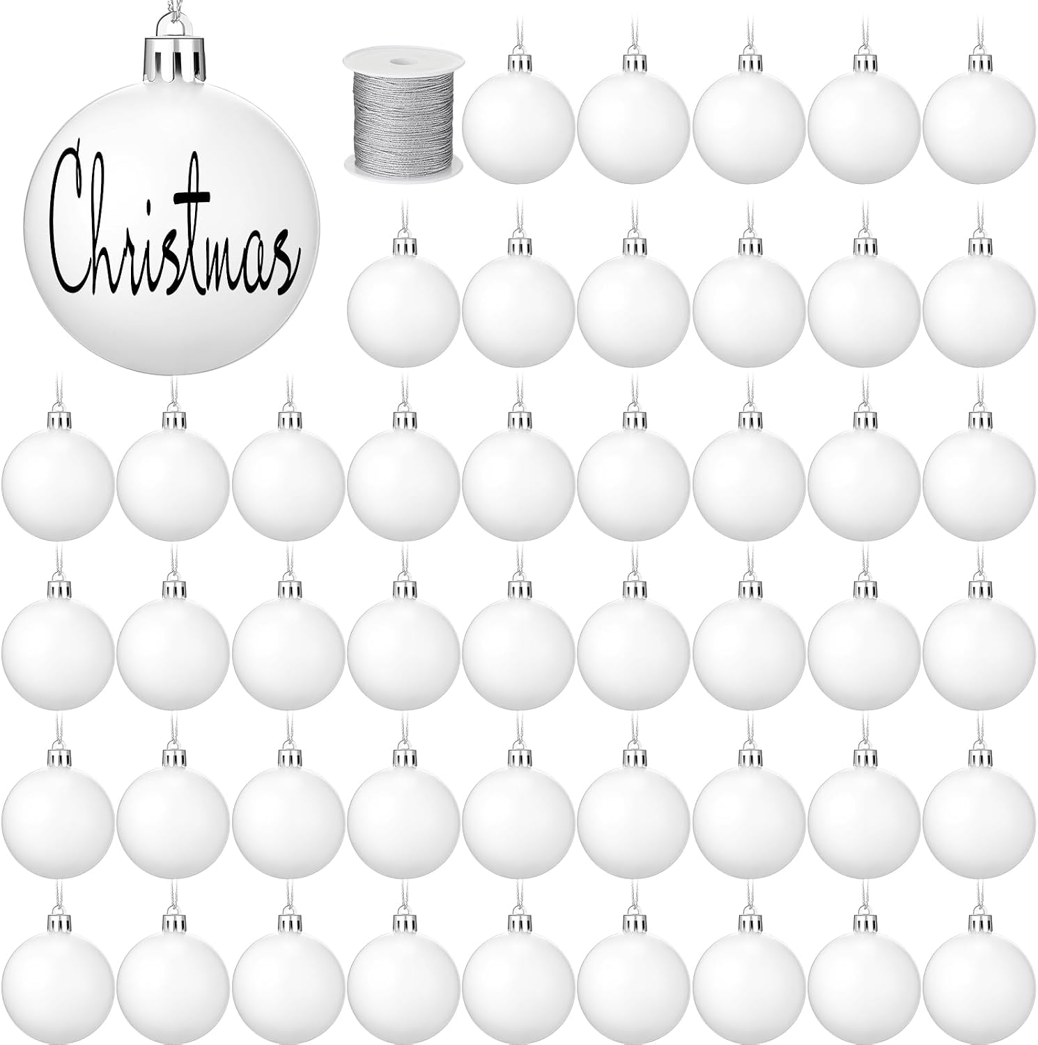Wettarn 50 Pcs 2.36 Inch Christmas Ball Ornaments with Lid Rope Blank Plastic Hanging Christmas Fillable Balls Ornament for DIY Crafts Holiday Xmas Tree Party Decoration Painting(White)