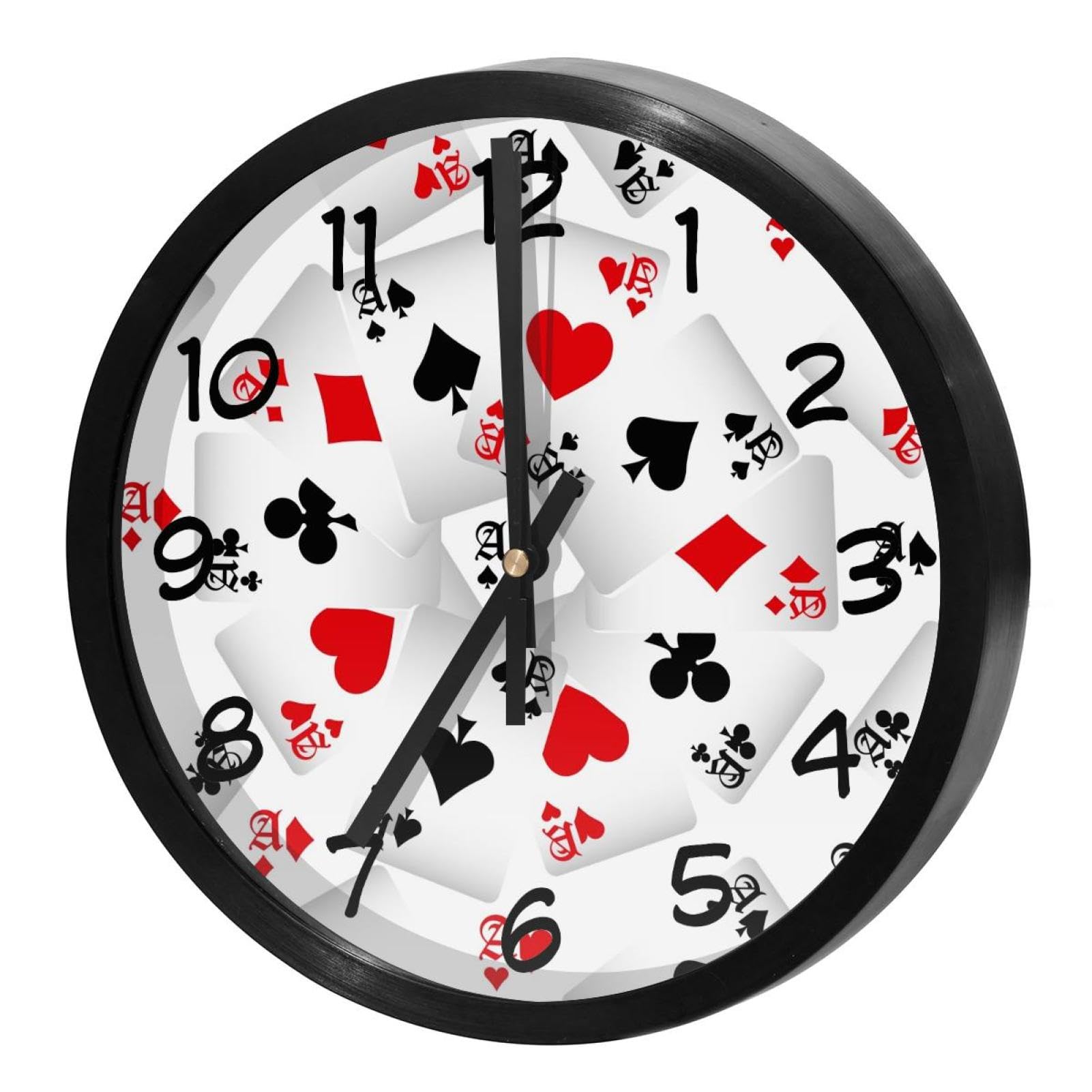 Horloge murale silencieuse à quartz motif cartes de poker pour décoration de cuisine et salon