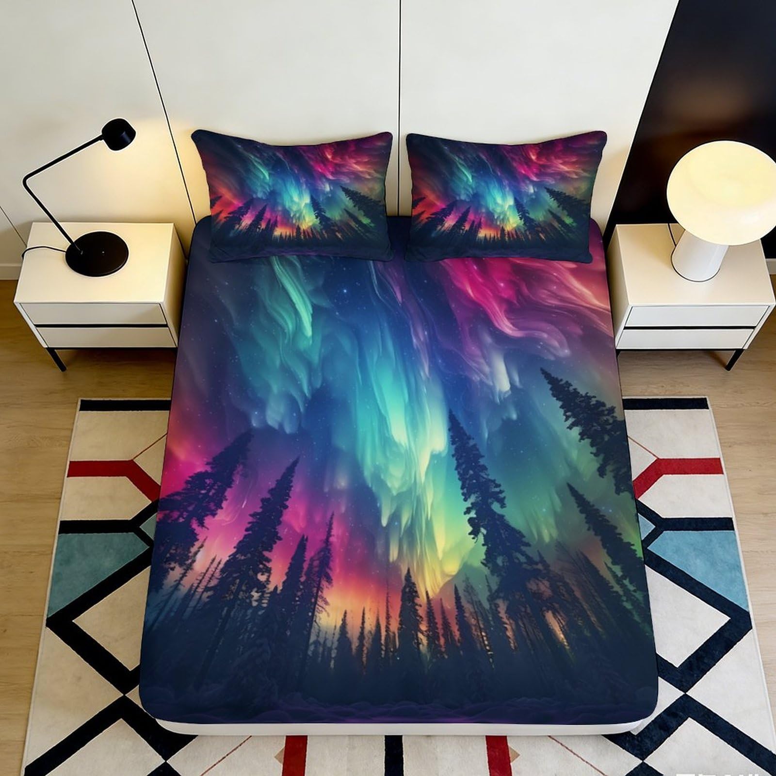 3D Printed Aurora Borealis Fitted Sheet Microfiber Soft Colorful Night Forest Mattress Cover Bedroom Decor 90x200x25cm