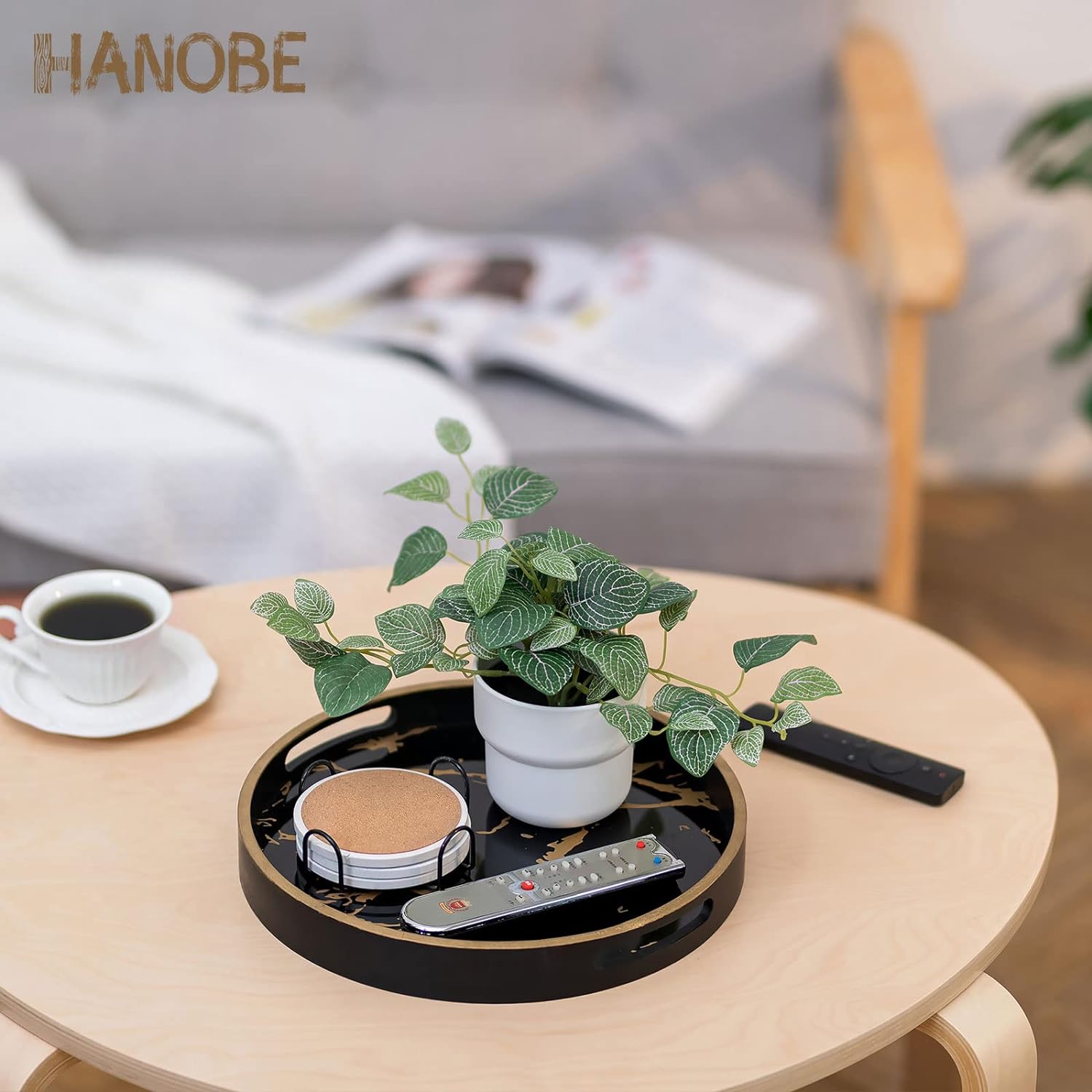 Hanobe Round Decorative Coffee Tray: Marble Black Serving Circle Tray with Handles Bar Table Trays for Living Room Drink Party Home Kitchen