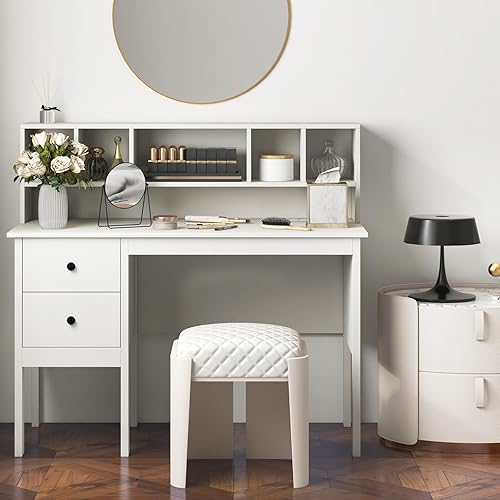 Miniatura 9 de COSTWAY Escritorio con puertos de carga USB y tomas de corriente, escritorio de computadora de 48 pulgadas con cajones y gabinete de 5