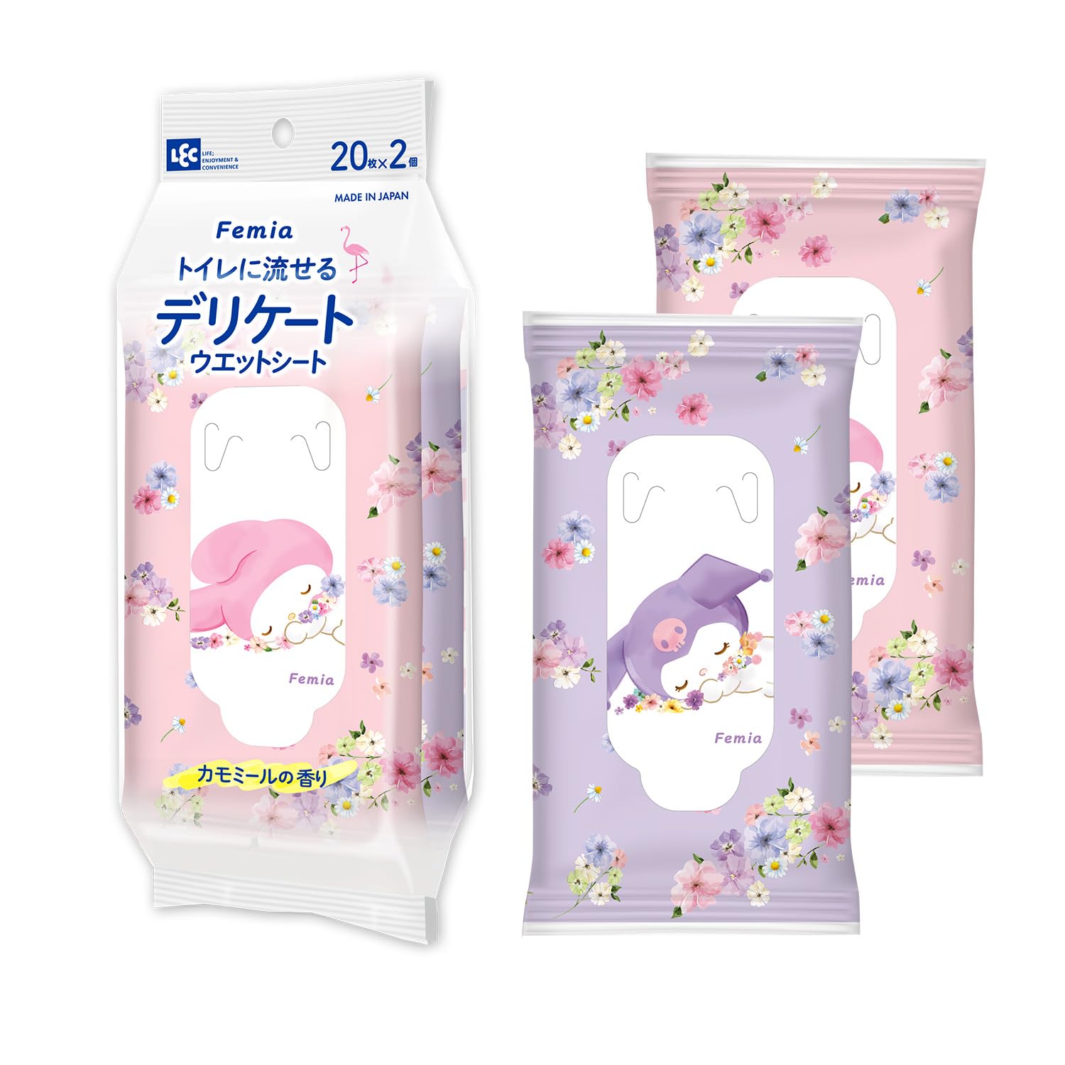 レック(LEC) Femia トイレに流せる デリケート ウエットシート 20枚入×2個 (マイメロ & クロミ) カモミールの香り