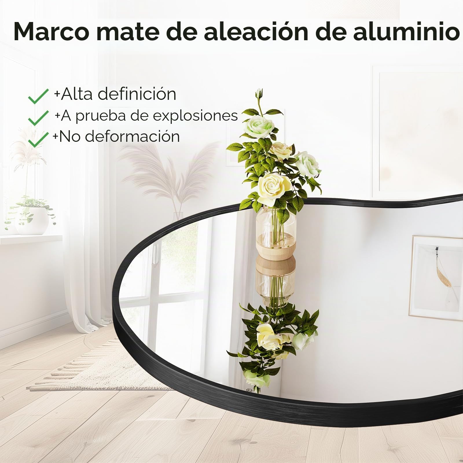 MAMIZO Espejo asimétrico, 50x91 cm, espejo de pared de forma irregular, vidrio templado, marco de aluminio, espejos decorativos, espejos de maquillaje únicos, espejo de baño, negro