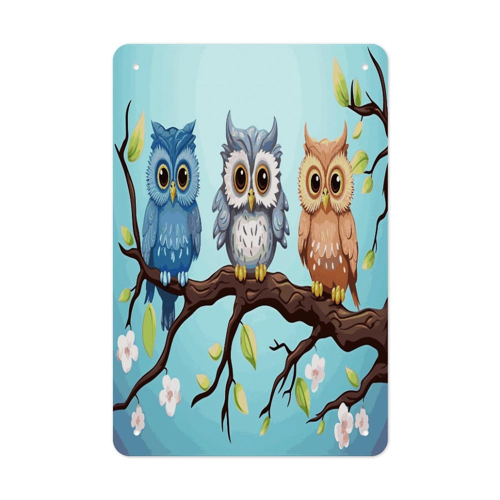 LDGSUPH Owls on A Branch Wall Art Prints Folded Edge Iron Sheet Painting with Holes for Wall Prints Decorative Picture Metal Signboard Decor Painting for Outdoor Indoor Wall Decor