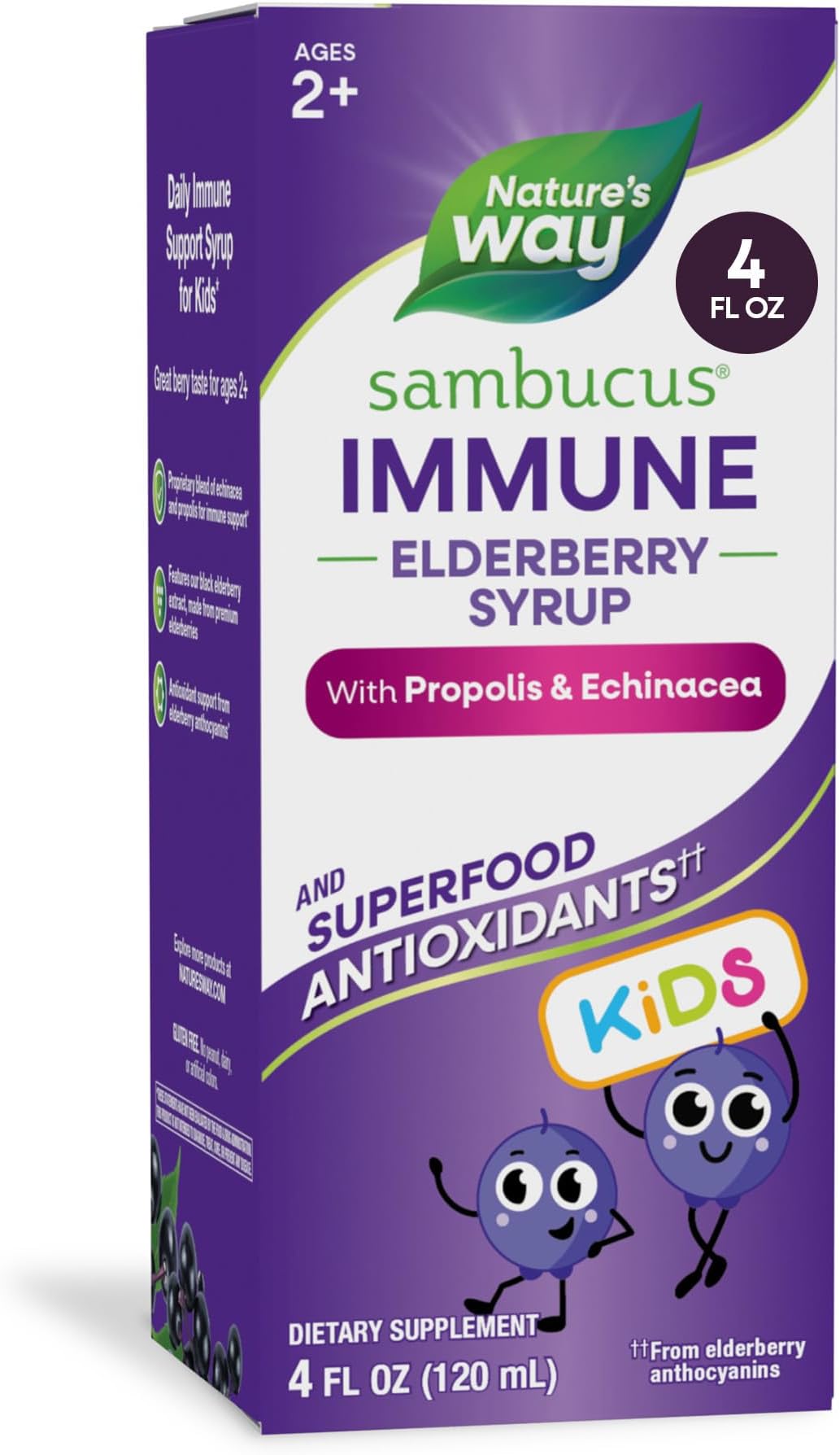 Nature's Way Sambucus Kids Immune Elderberry Syrup, Black Elderberry Extract with Echinacea & Propolis, Traditional Immune Support for Children with Superfood Antioxidants(1), Berry Flavored, 4 Fl Oz