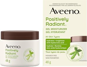 Gel hydratant Aveeno Positively Radiant - Lotion pour peau sèche - Crème quotidienne pour le visage et le cou - Acide hyaluronique et soja - 45 g