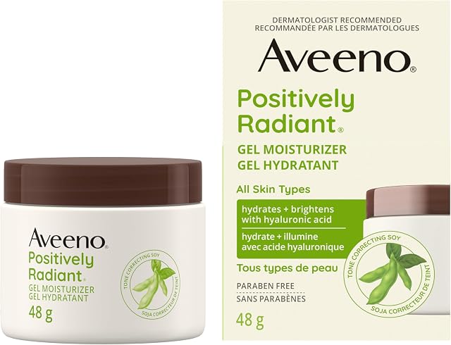 Gel hydratant Aveeno Positively Radiant - Lotion pour peau sèche - Crème quotidienne pour le visage et le cou - Acide hyaluronique et soja - 45 g