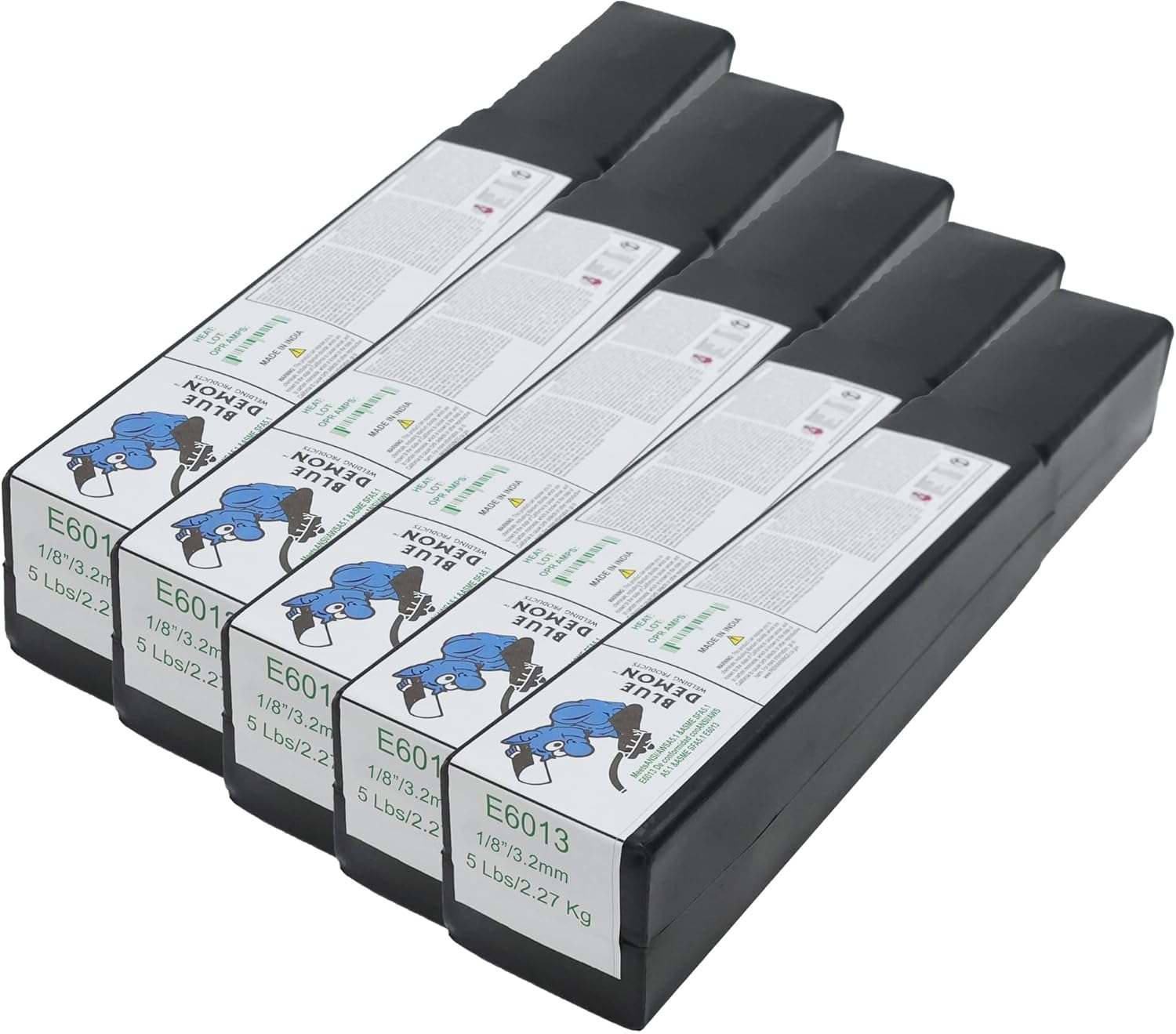 Blue Demon E6013 X 1/8” X 14 X 5 LB X 5 Pack General Purpose Carbon Steel Electrode, Easy and Smooth Deposit, Easy Slag Removal, Runs on AC or DC, Great for Poorly Fitted Joints