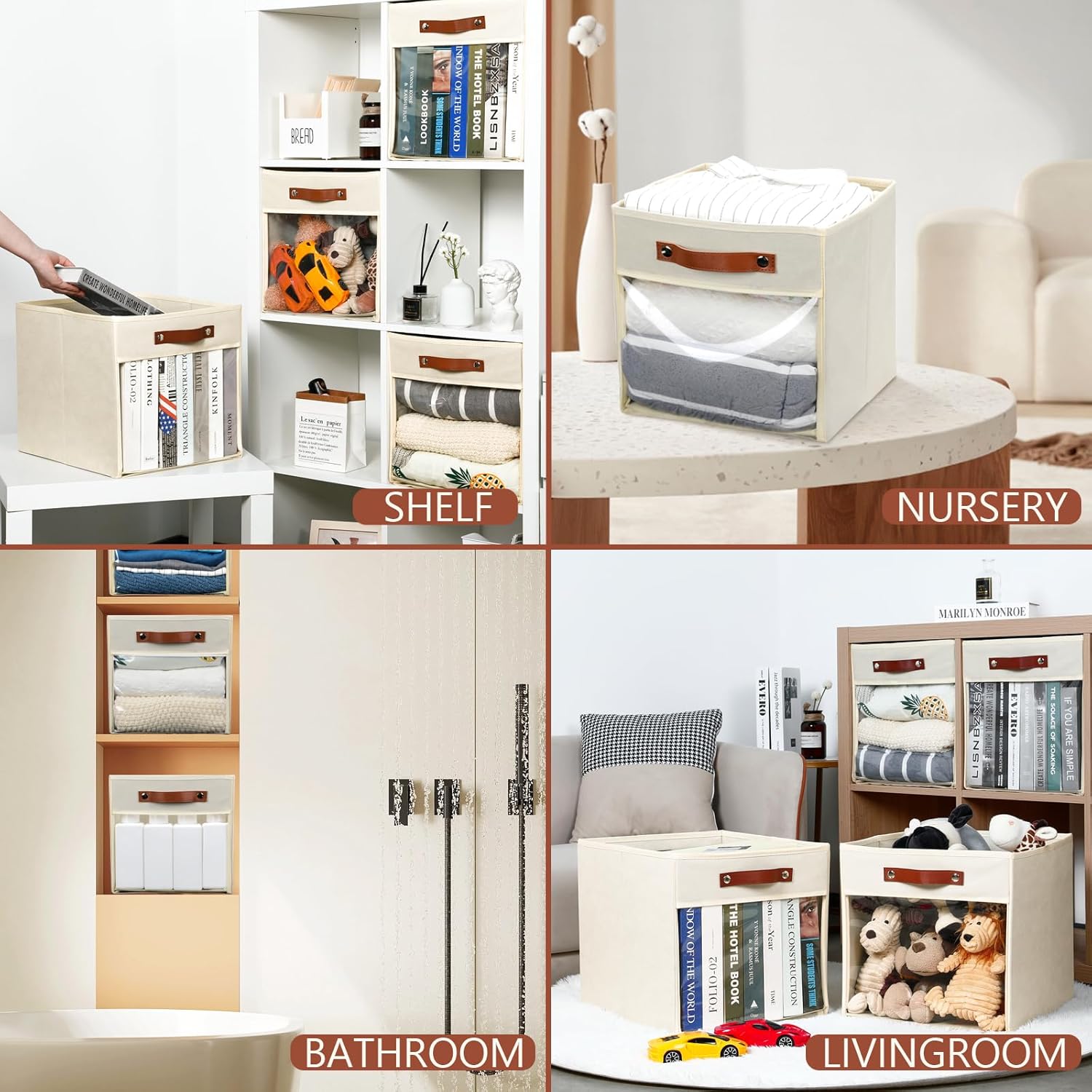 HNZIGE Fabric Storage Baskets Cubes Bins for Shelves, 11 x11 Foldable Storage Bins, Decorative Storage Basket with Leather Handles for Storage Clothes Home Nursery(White Beige-4Pack)