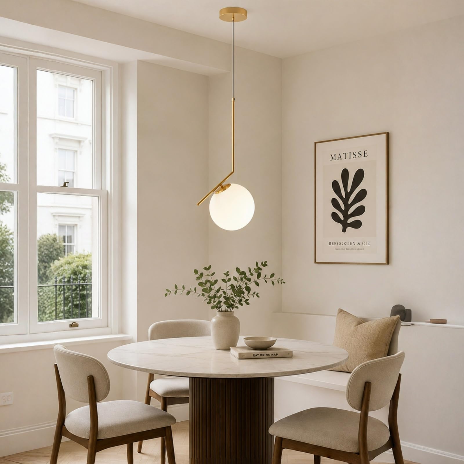Lampada a sospensione moderna a sfera in vetro bianco, lampada da soffitto in metallo ottone, Lampadario da cucina per soggiorno e sala da pranzo (1-luce)