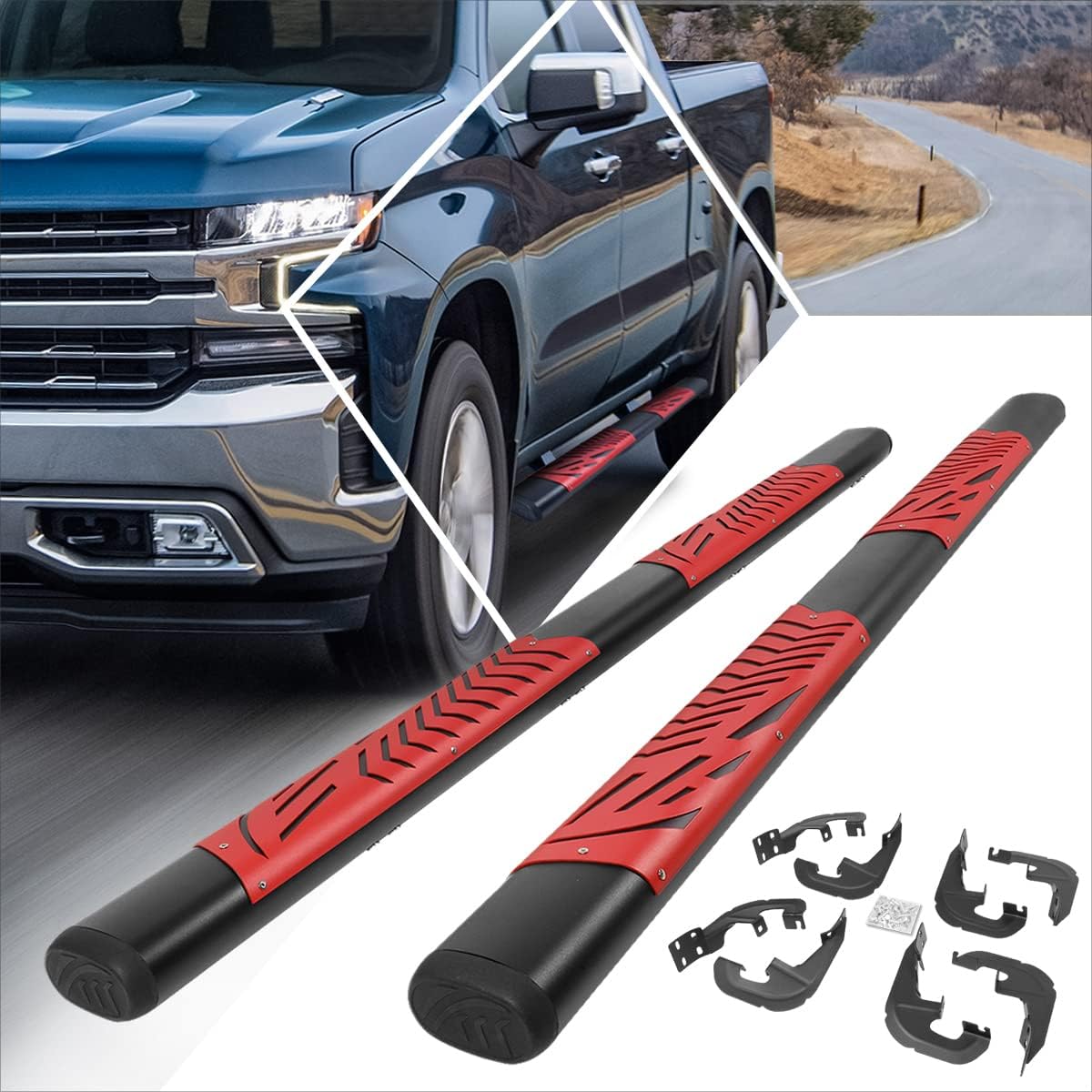5 Inch Black Stainless Running Boards Side Step Bars w/Red Step Pad Compatible with 19-24 Silverado Sierra Crew Cab