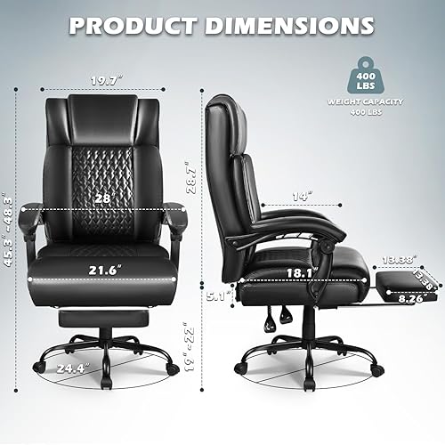 Miniatura 3 de Silla de oficina grande y alta con reposapiés, 400 libras, silla de oficina de cuero ejecutivo resistente para personas pesadas, cómoda silla de