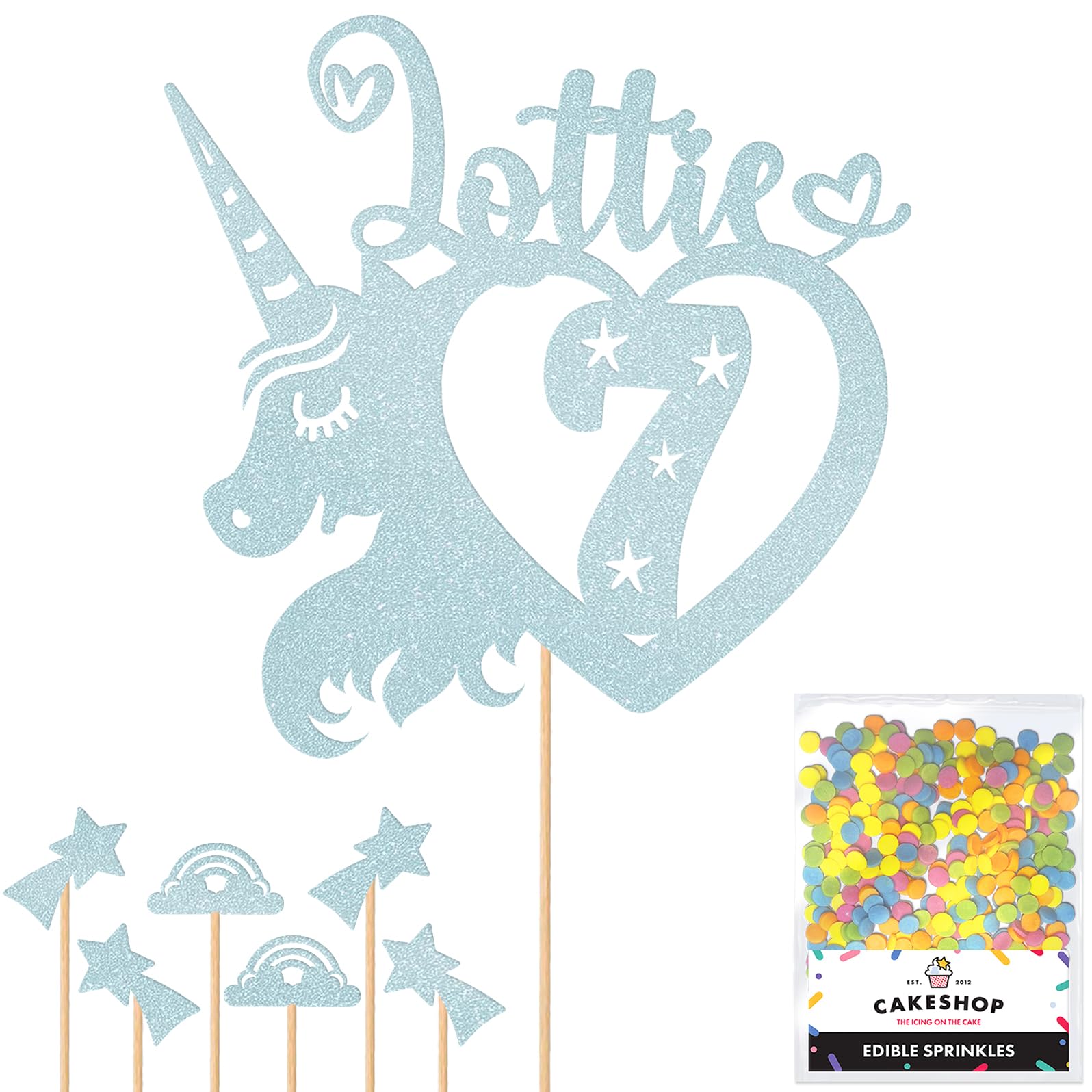Personalised Unicorn Heart Glitter Cake Topper- Light Blue Any Custom Age & Name Glitter Cake Decoration and Sprinkles - Happy Birthday Decorations - Personalised Toppers for Cakes by Cakeshop — image 1