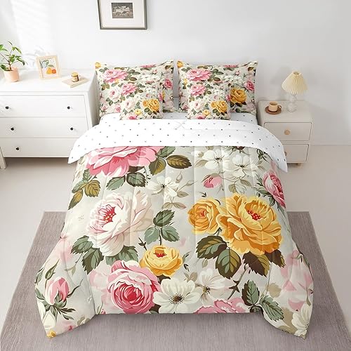 Feelyou Juego de edredón de flores con sábanas, tamaño individual, cama de flores groovy en una bolsa, diseño de flores hippie de los años 70, juego