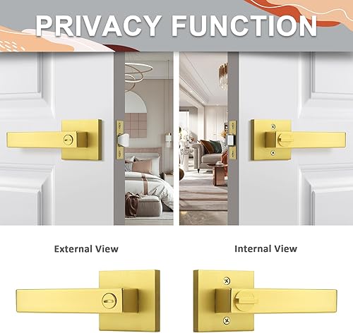 Miniatura 3 de Probrico Paquete de 2 palancas de privacidad doradas cuadradas para cerradura de puerta, sin llave, manijas interiores, manijas de puerta, pomos de