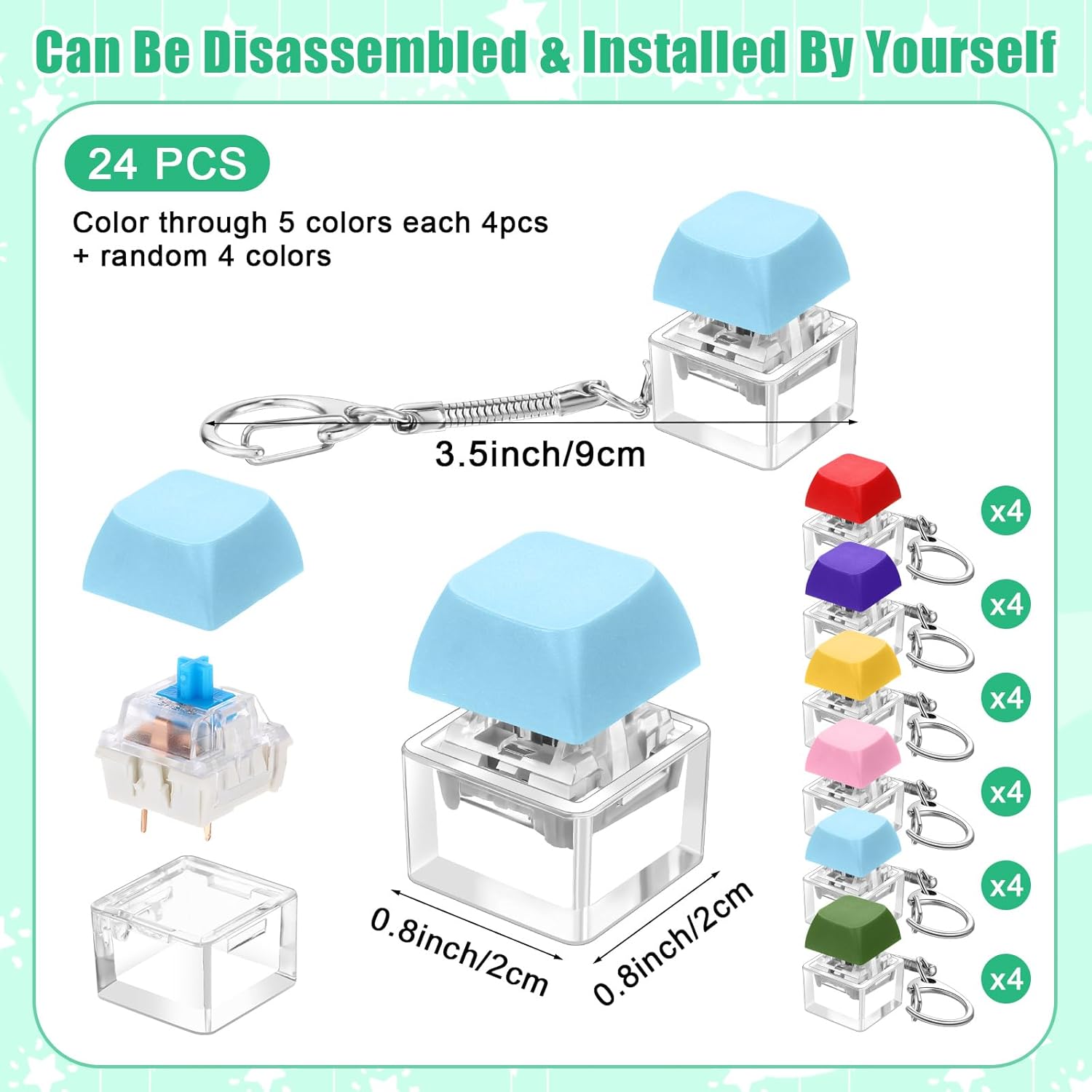 Nosiny 24 Pcs Keyboard Fidget Toys Keyboard Fidget Keychains for Adults Finger Stress Relief Keycap Decompression Gifts(Bright Colors)