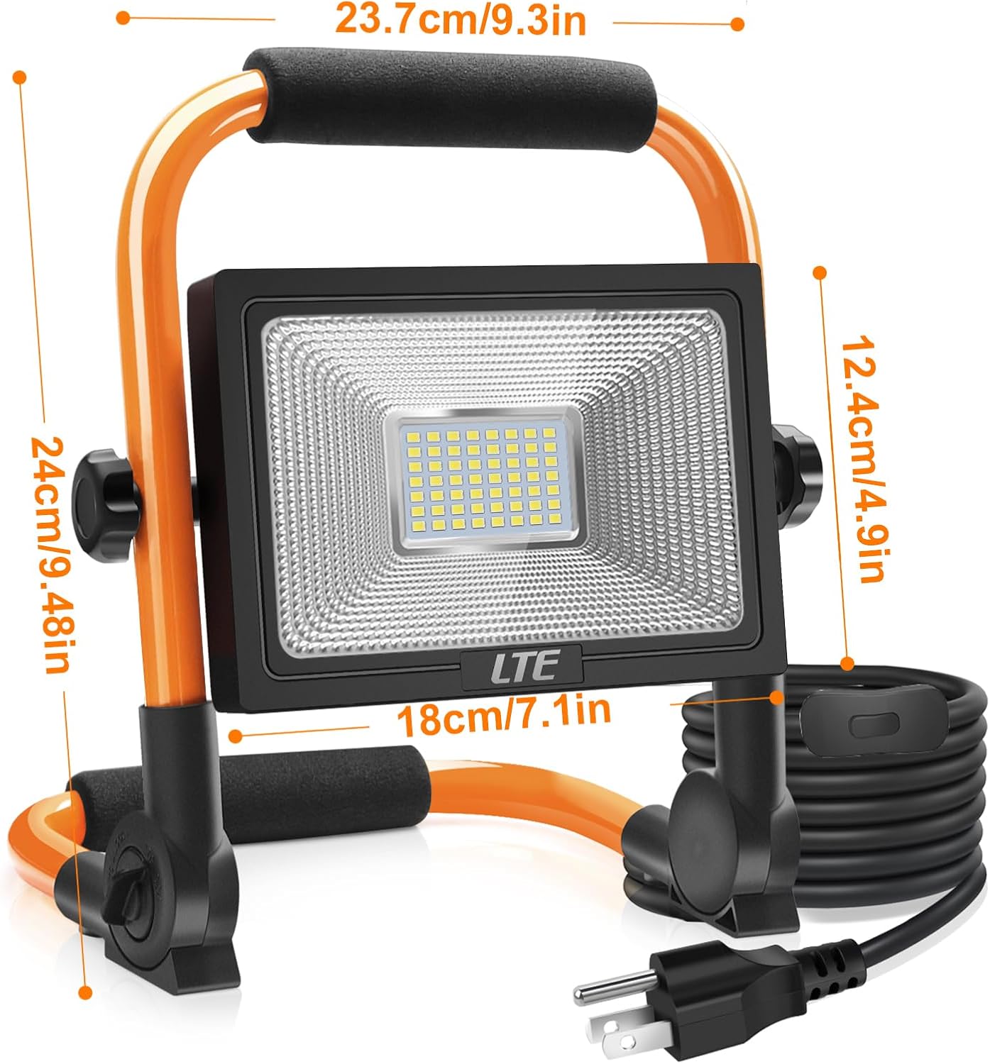 LTE 50W LED Work Light, 4300LM 500W Equivalent Portable Light IP66 Waterproof Outdoor Flood Lights 16.4FT Cable with Plug Switch, 5000K Daylight, Adjustable Job Site Lighting for Garage Workshop