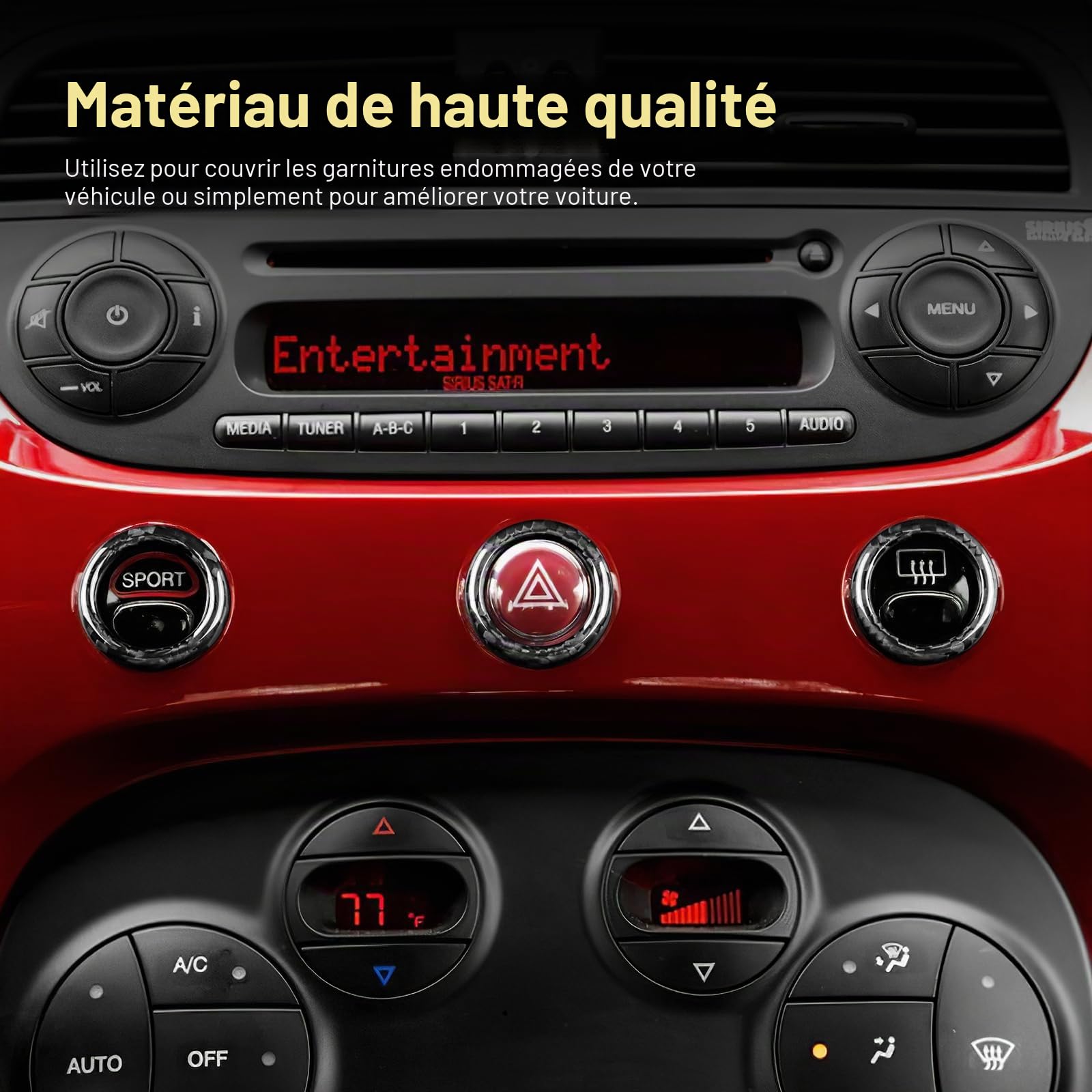 KUNGKIC Pour Fiat 500 2008-2023 Abarth 595/595C/695 2012-2023 Commande centrale de voiture Voyant d'avertissement Bouton Cercle Fibre de Carbone dur Autocollant décoratif Intérieur Accessoires Cadeau