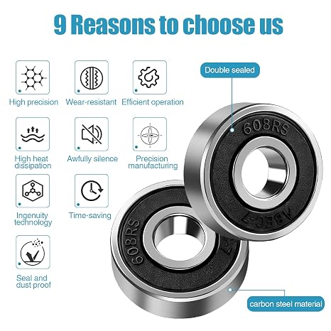 60 PCS 608-2RS Deep Groove Ball Bearings, Ball Bearing 8mm x 22mm x 7mm Miniature Bearings Carbon Steel Double Rubber Sealed Balls Bearing for Skateboards Inline Skates Scooters