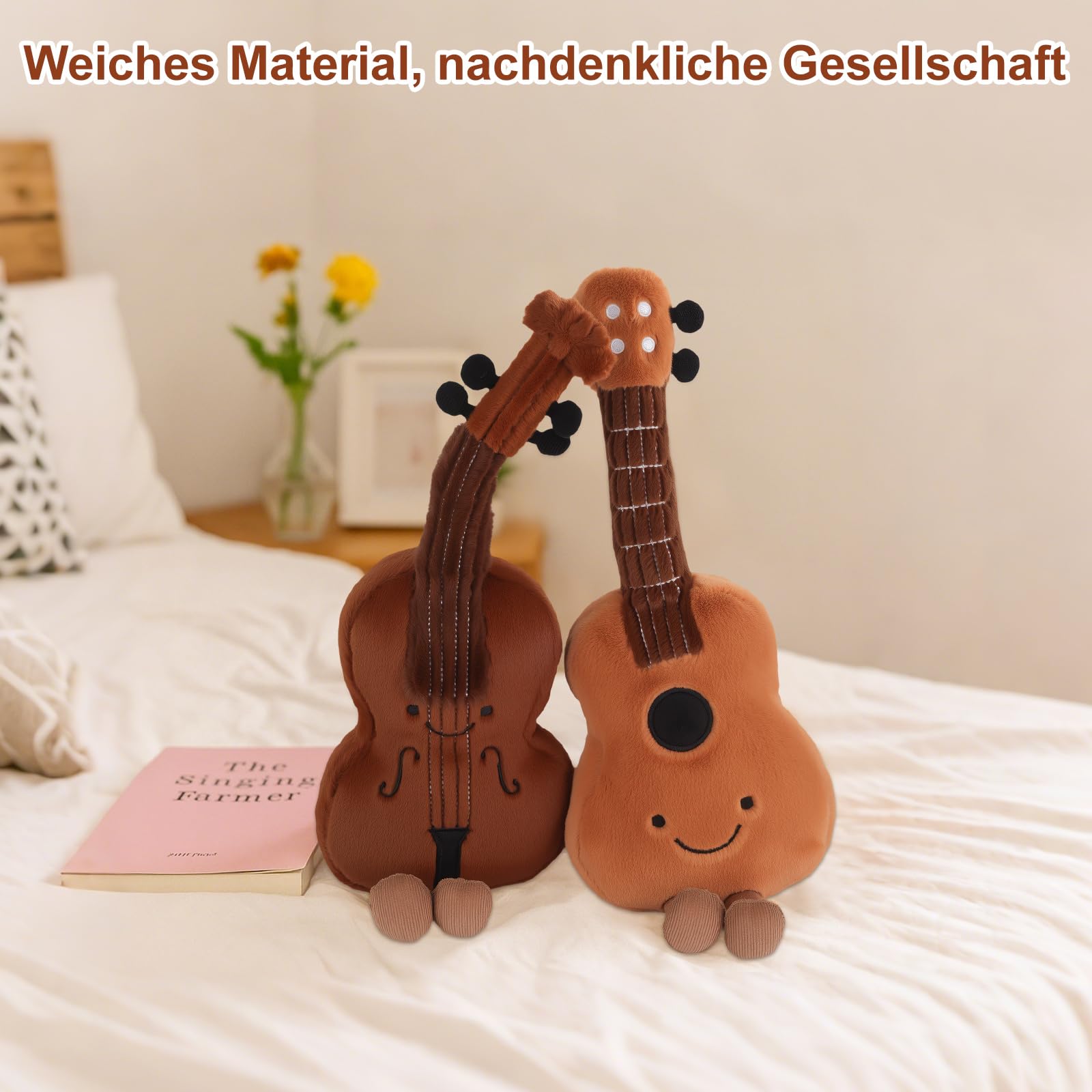 Süße Gitarre Stofftier - Gitarren-Plüschpuppe mit Musikelementen, Hautfreundliche Stoffe, weicher Komfort, musikalisches Dekorationskissen, Musikinstrumente Puppen Gitarre - 5