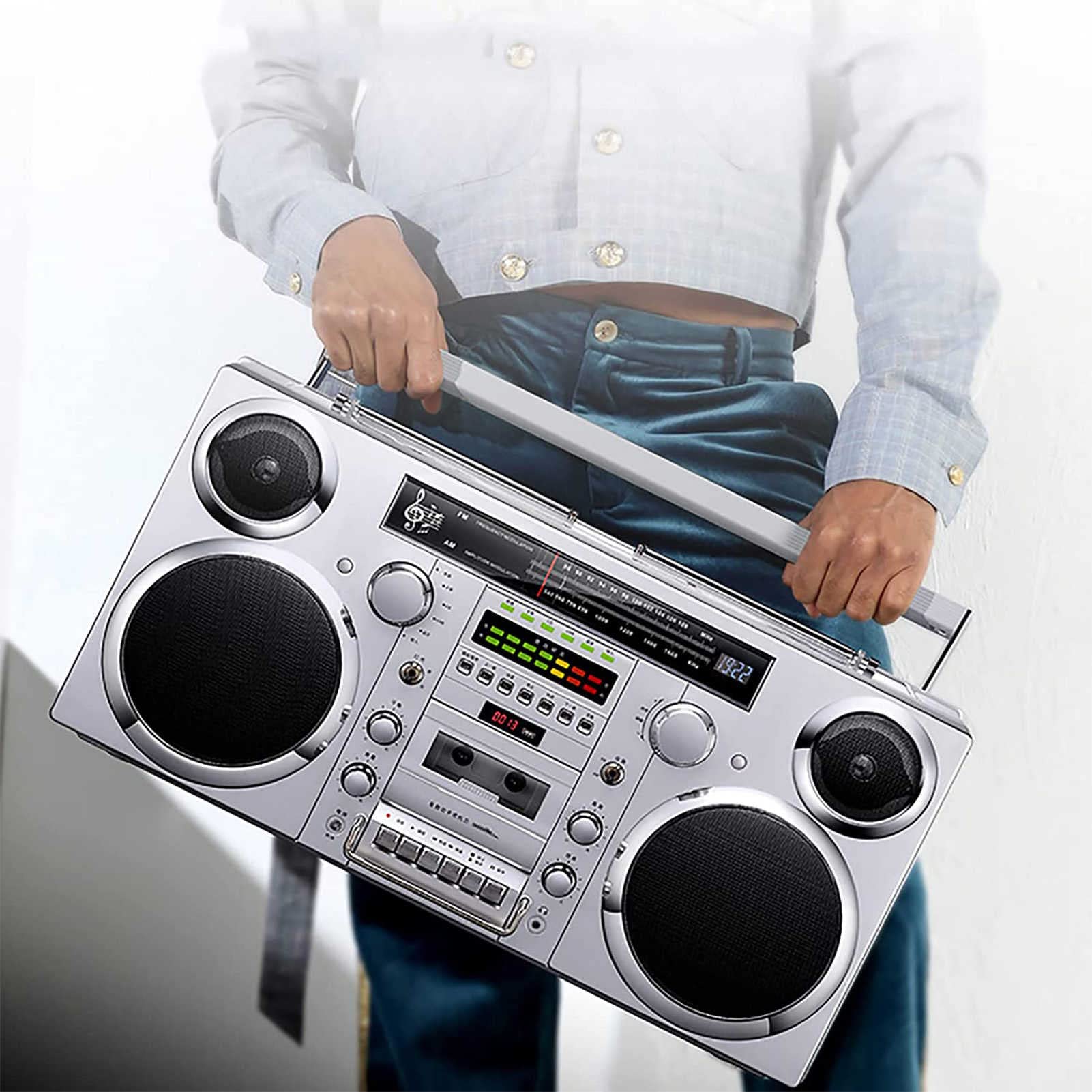 Lettore CD Boombox con Bluetooth 5.0, radio AM/FM, slot SD, sistema musicale portatile con ingresso AUX, jack per cuffie e conversione USB/SD