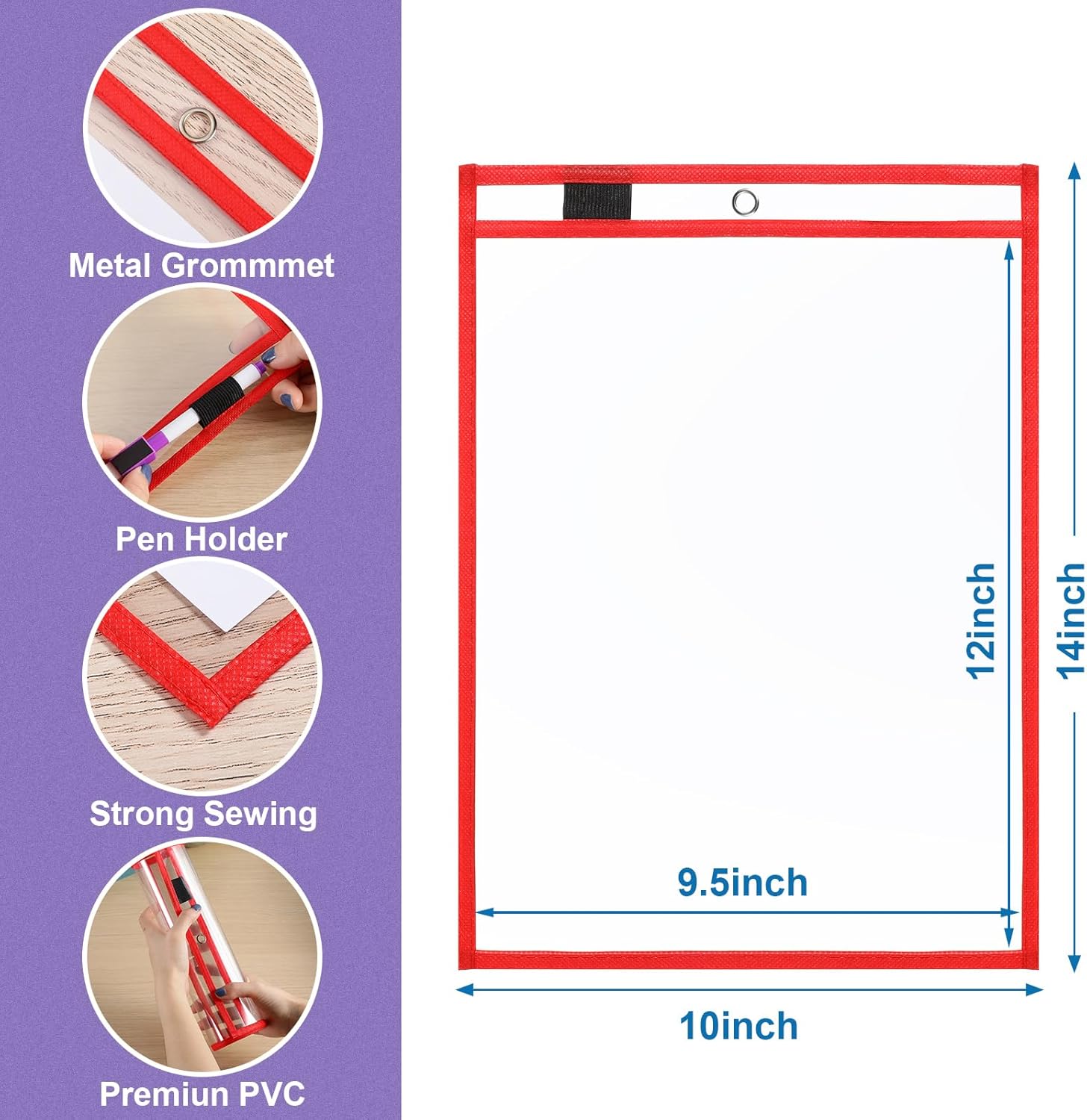 Nezyo Dry Erase Pockets Plastic Job Ticket Holders Shop Holder Order Pockets Clear Sleeves Tickets Folders Plastic Sleeves Paper Teacher Supplies for Classroom(14 x 10 in,Red,50 Pcs)